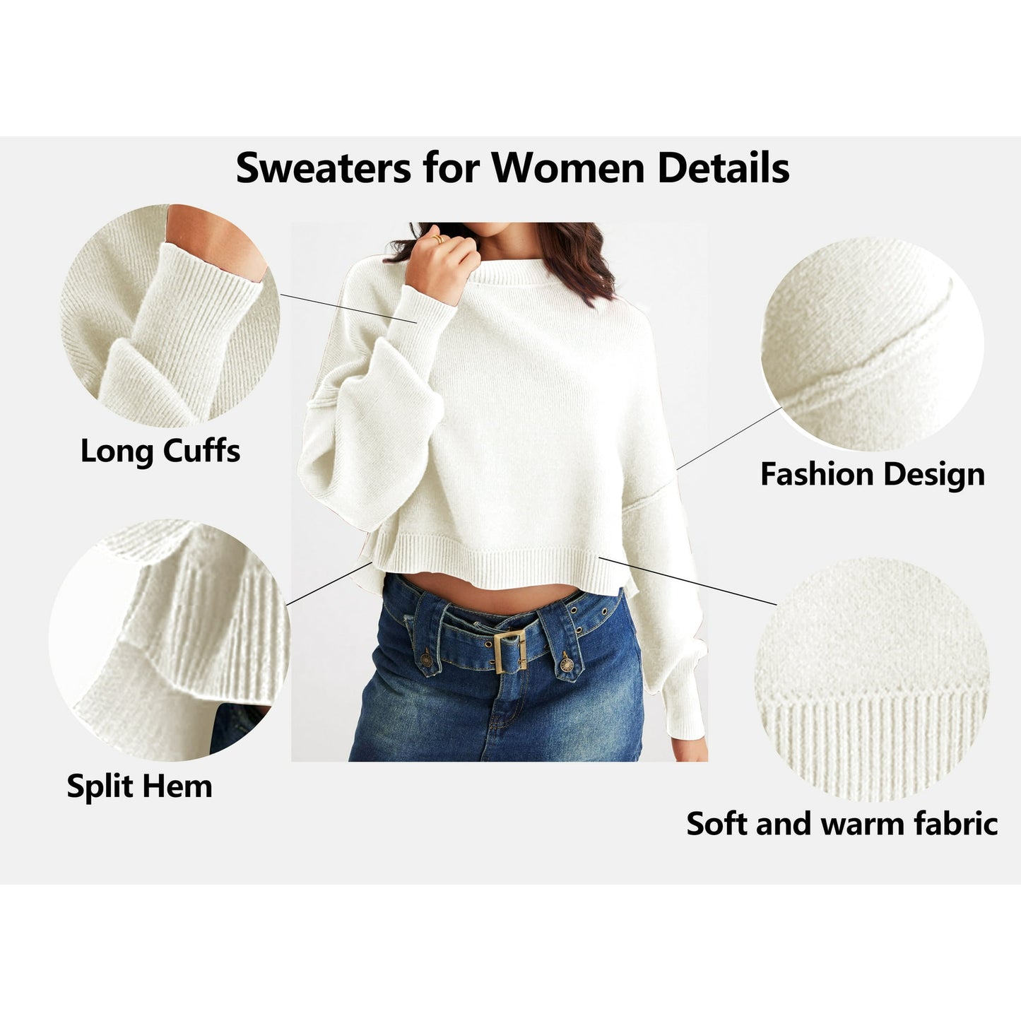 Rosvigor Womens Cropped Sweaters Oversized Knitted Warm Pullover Side Split Jumpers