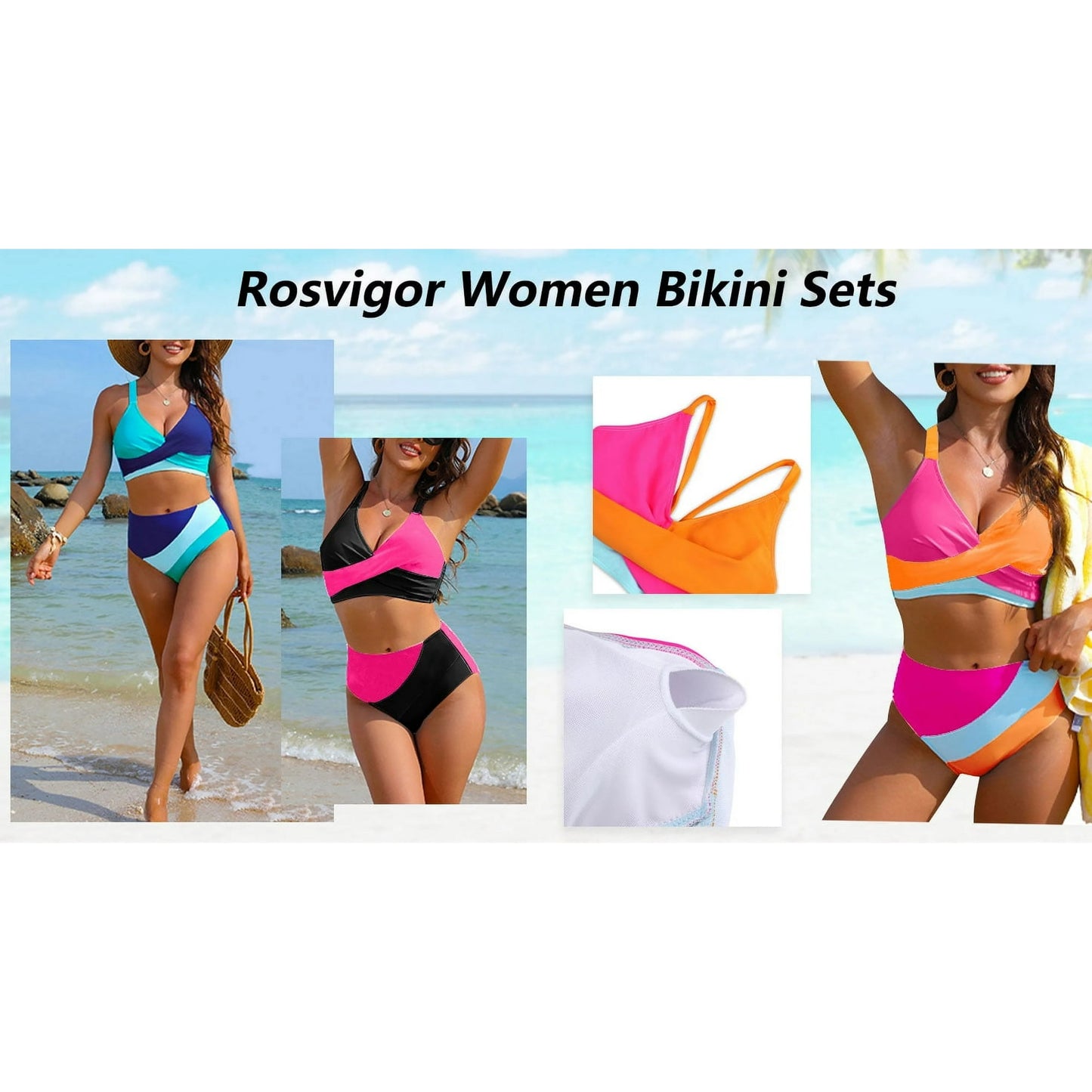 Rosvigor Womens Swimsuits Two Piece Bikini Sets Bathing Suits for Women Summer Color Block Swimwear