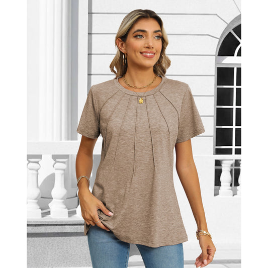 Rosvigor Blouses for Women Short Sleeve Shirts Casual Dressy Summer Tops with Pleats
