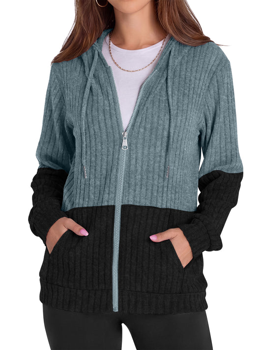 Rosvigor Women Oversized Hoodies Zip Up Lightweight Color Block Sweatshirts for Women Casual Hooded Jackets