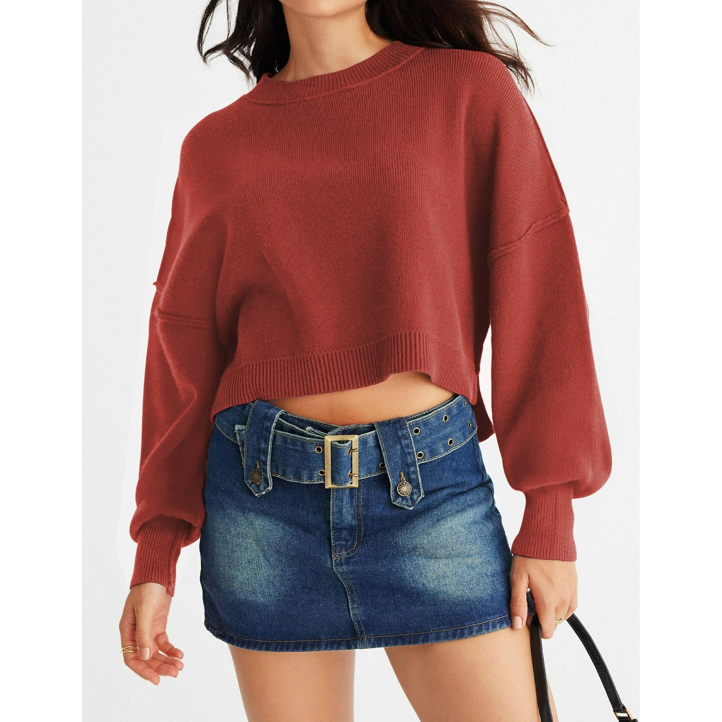 Rosvigor Womens Cropped Sweaters Oversized Knitted Warm Pullover Side Split Jumpers