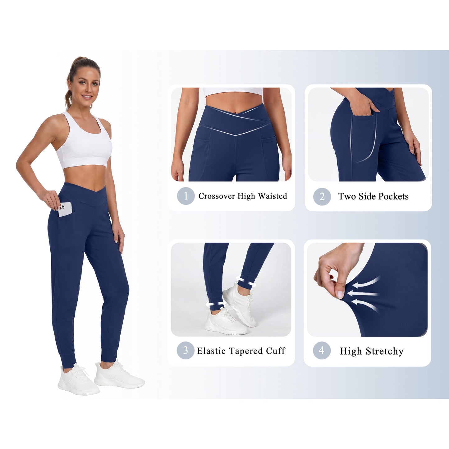 Rosvigor Yoga Joggers Women Athletic Pants for Women Elastic Crossover High Waisted Tapered Casual Pants with Pockets