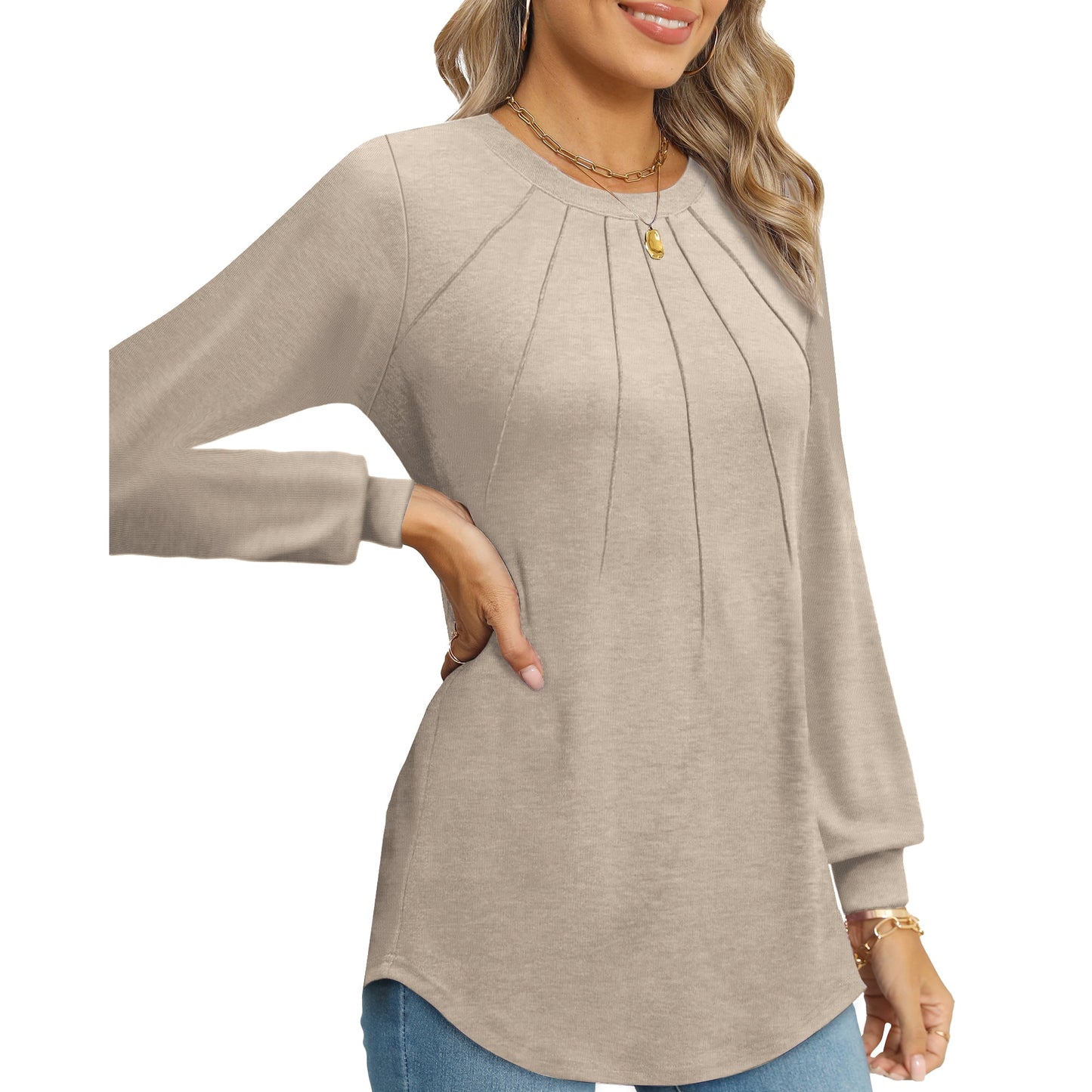 Rosvigor Blouses for Women Dressy Long Sleeve Shirts Casual Fall Tops Winter Tunic with Pleats