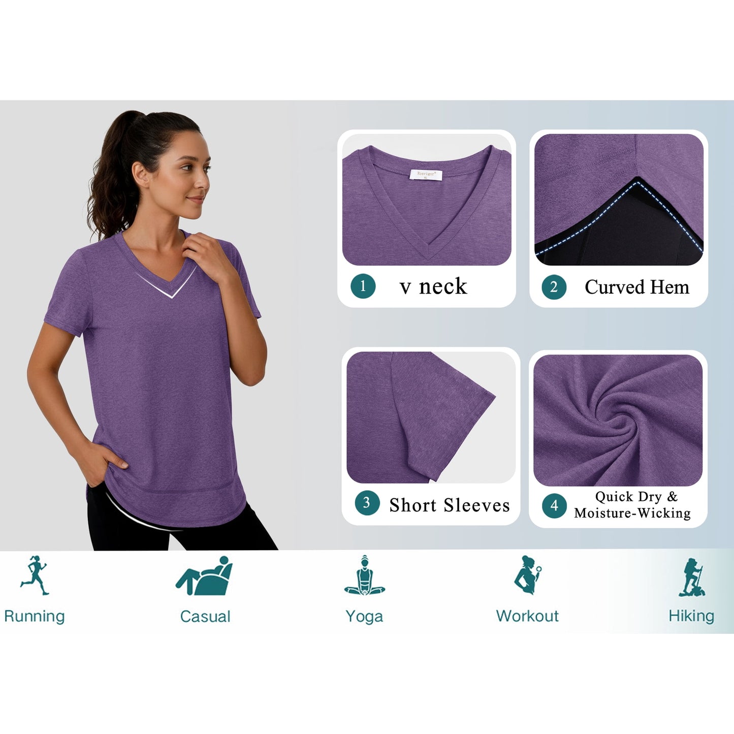 Rosvigor Womens Workout Tops V Neck T Shirts Comfy Athletic Shirts Loose Women Activewear Top for Gym Running Yoga