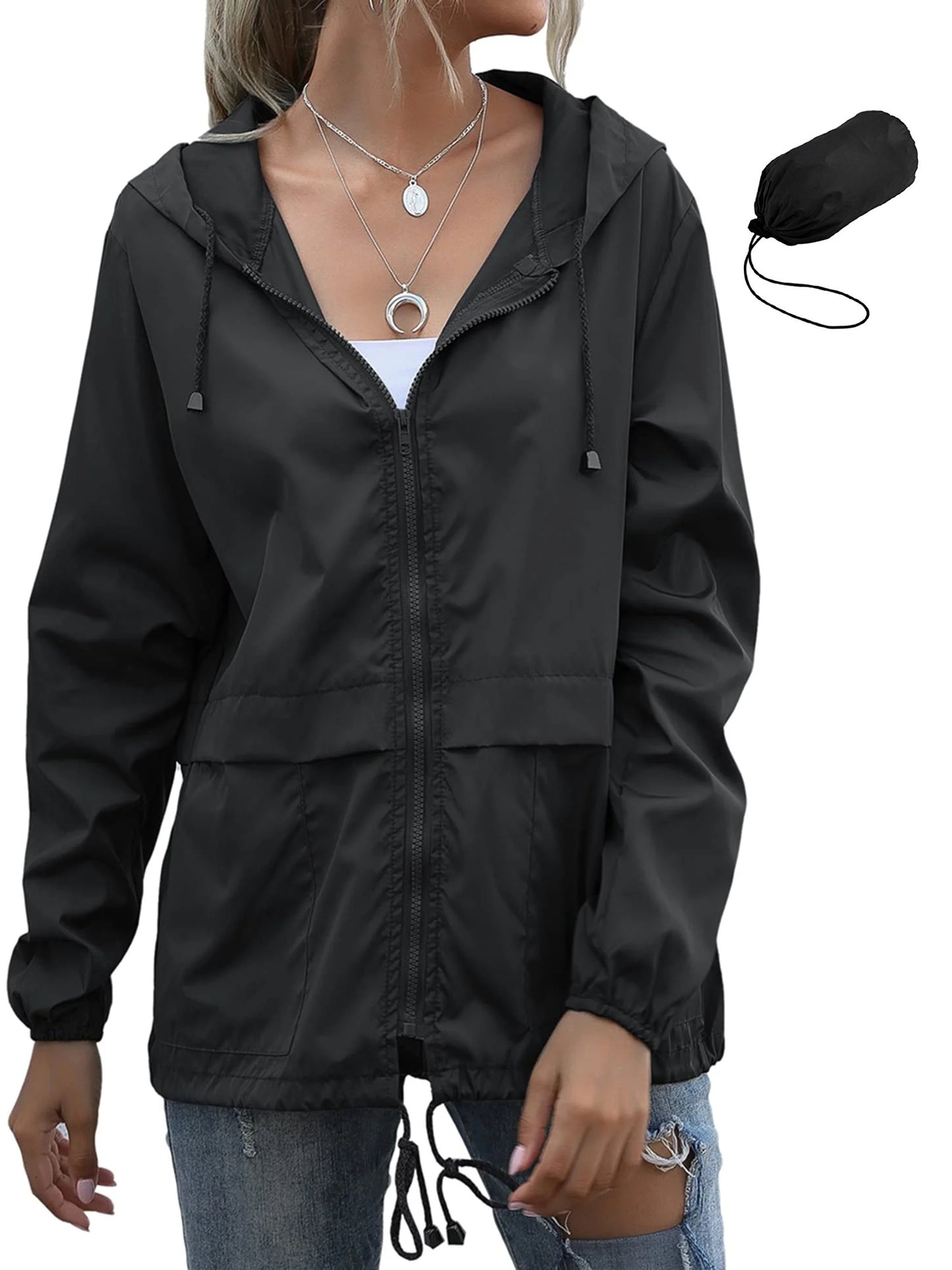 Rosvigor Womens Waterproof Raincoat Lightweight Color Block Jackets Windproof Hooded Jacket with Pockets