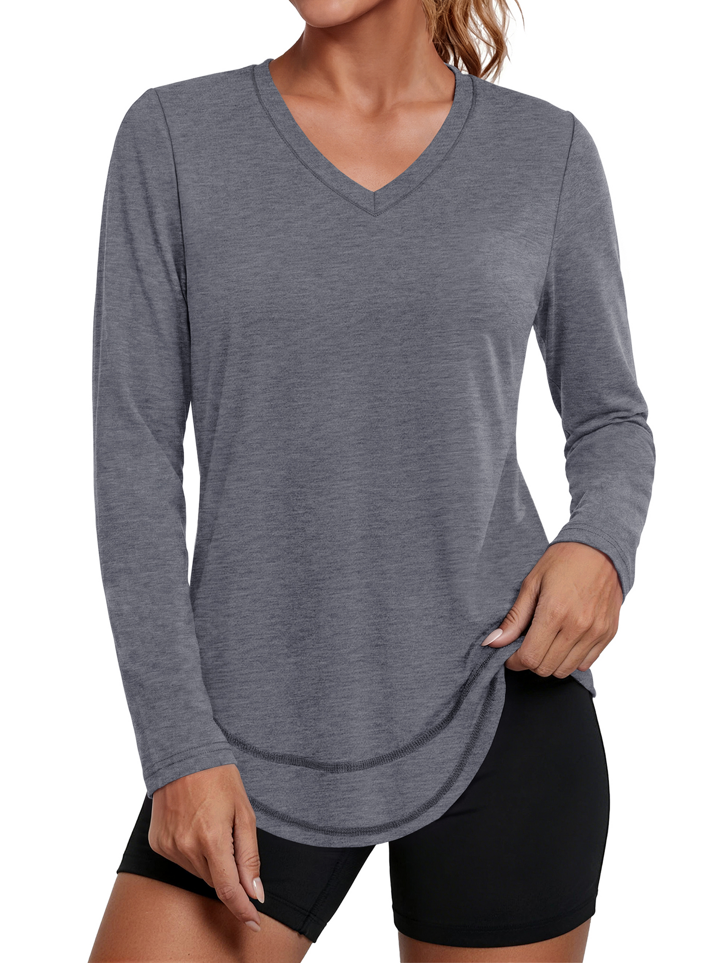 Rosvigor Womens V Neck Workout Tops Long Sleeve Athletic Shirts Loose Lightweight Womens Activewear for Running Yoga Gym