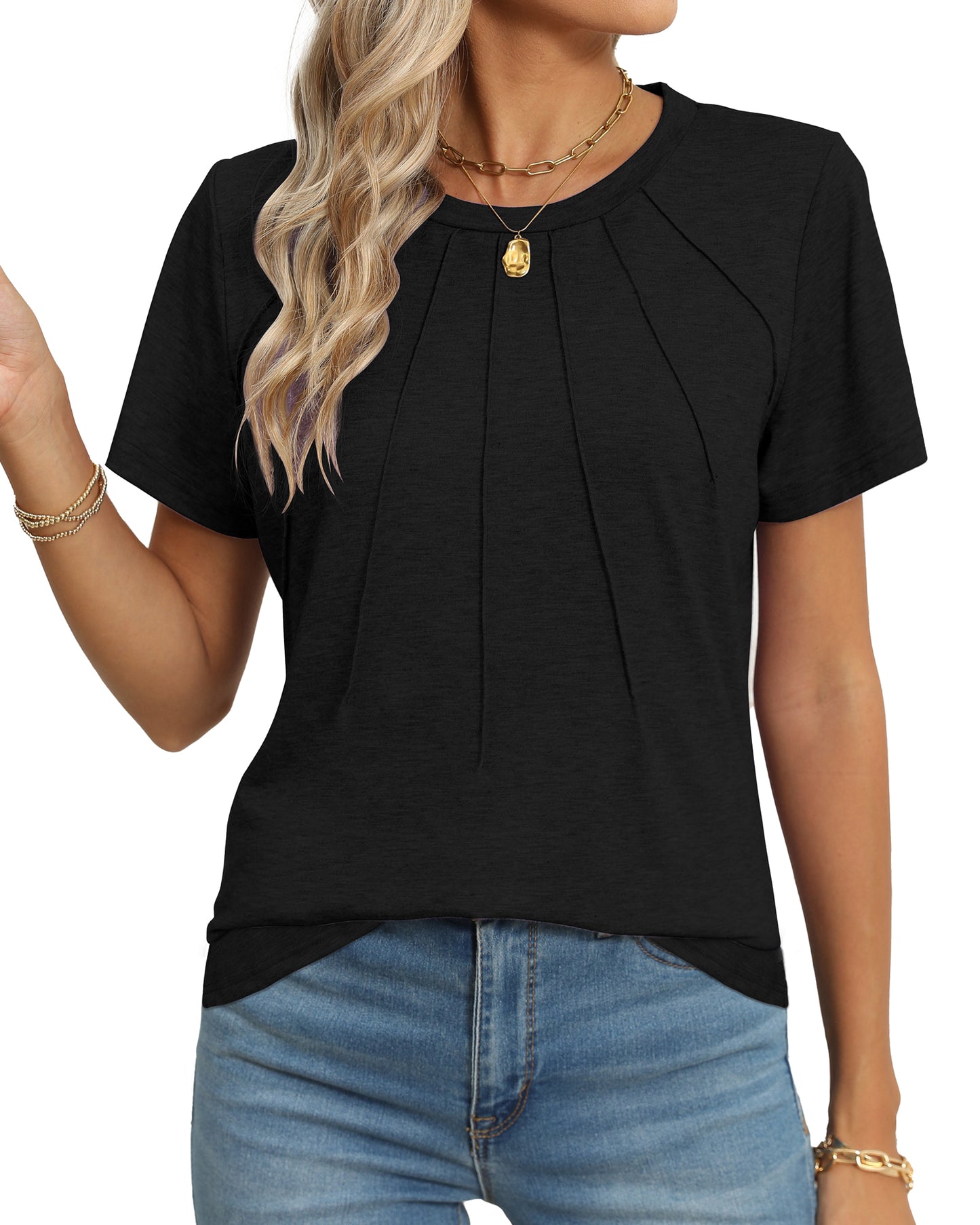 Rosvigor Blouses for Women Short Sleeve Shirts Casual Dressy Summer Tops with Pleats