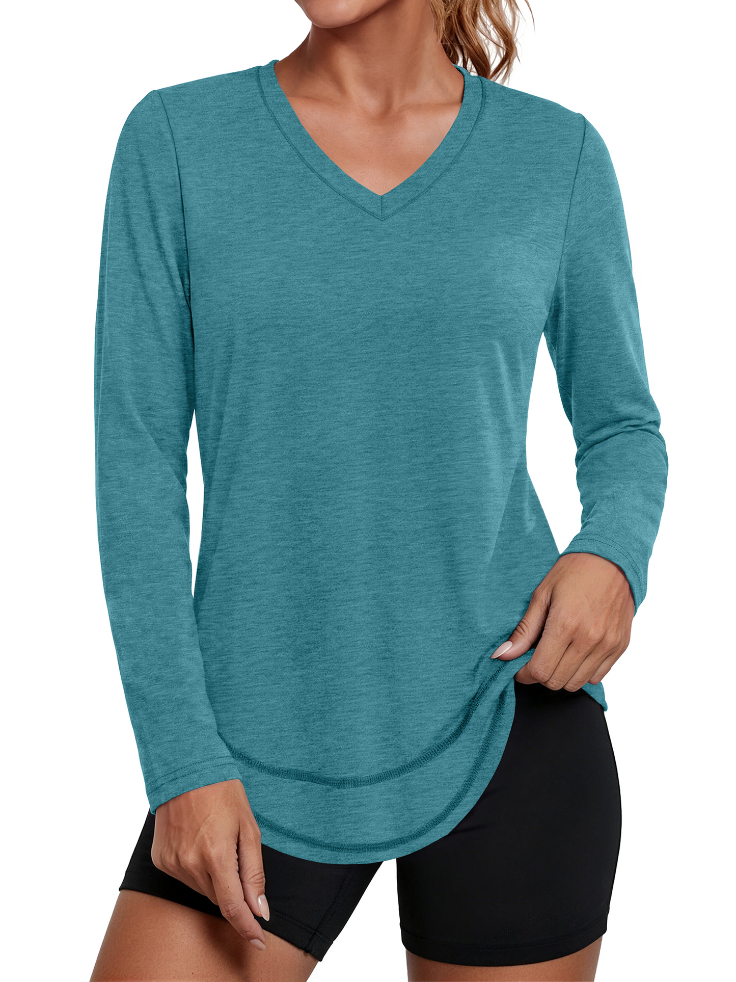 Rosvigor Womens V Neck Workout Tops Long Sleeve Athletic Shirts Loose Lightweight Womens Activewear for Running Yoga Gym