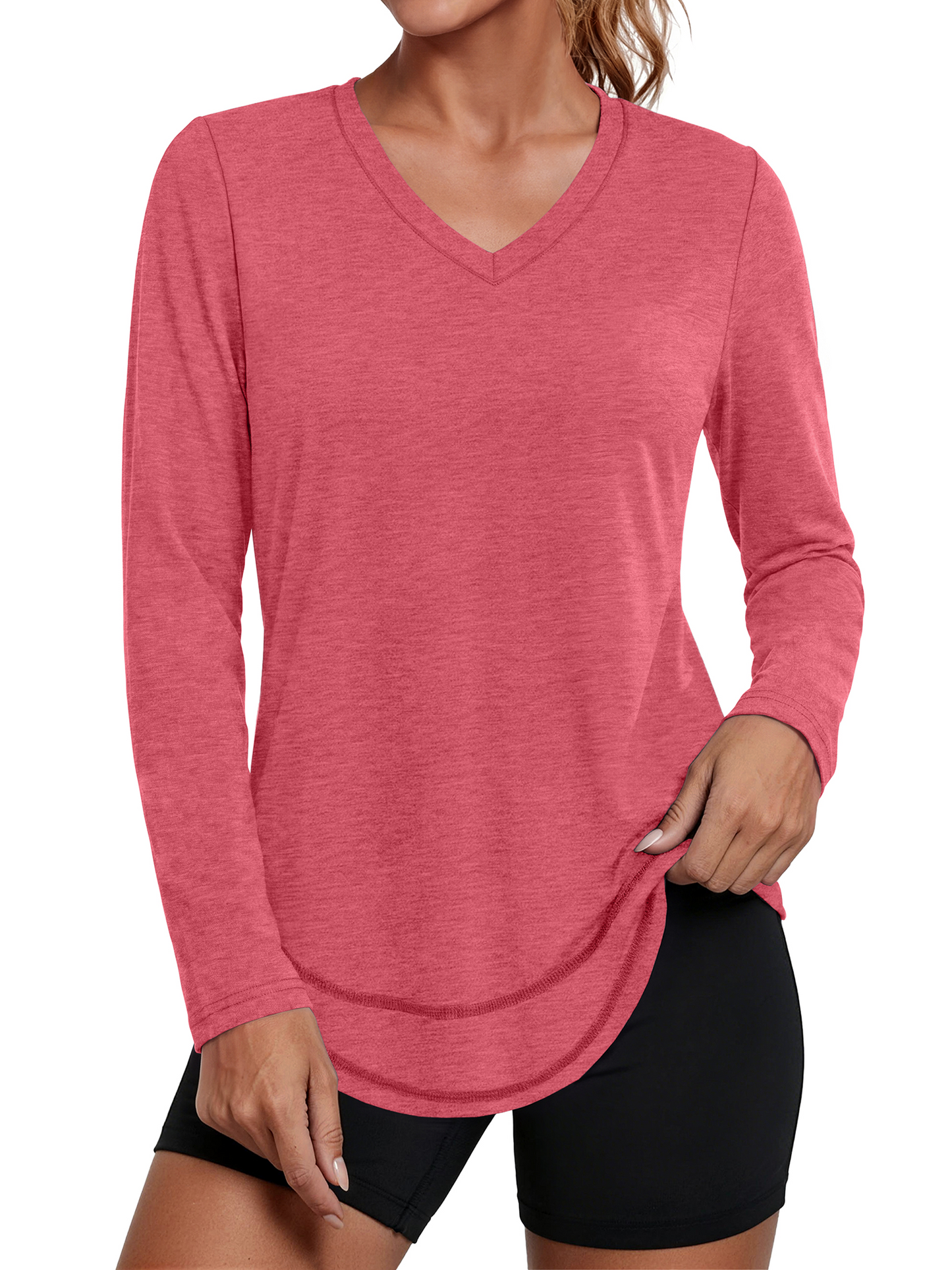 Rosvigor Womens V Neck Workout Tops Long Sleeve Athletic Shirts Loose Lightweight Womens Activewear for Running Yoga Gym