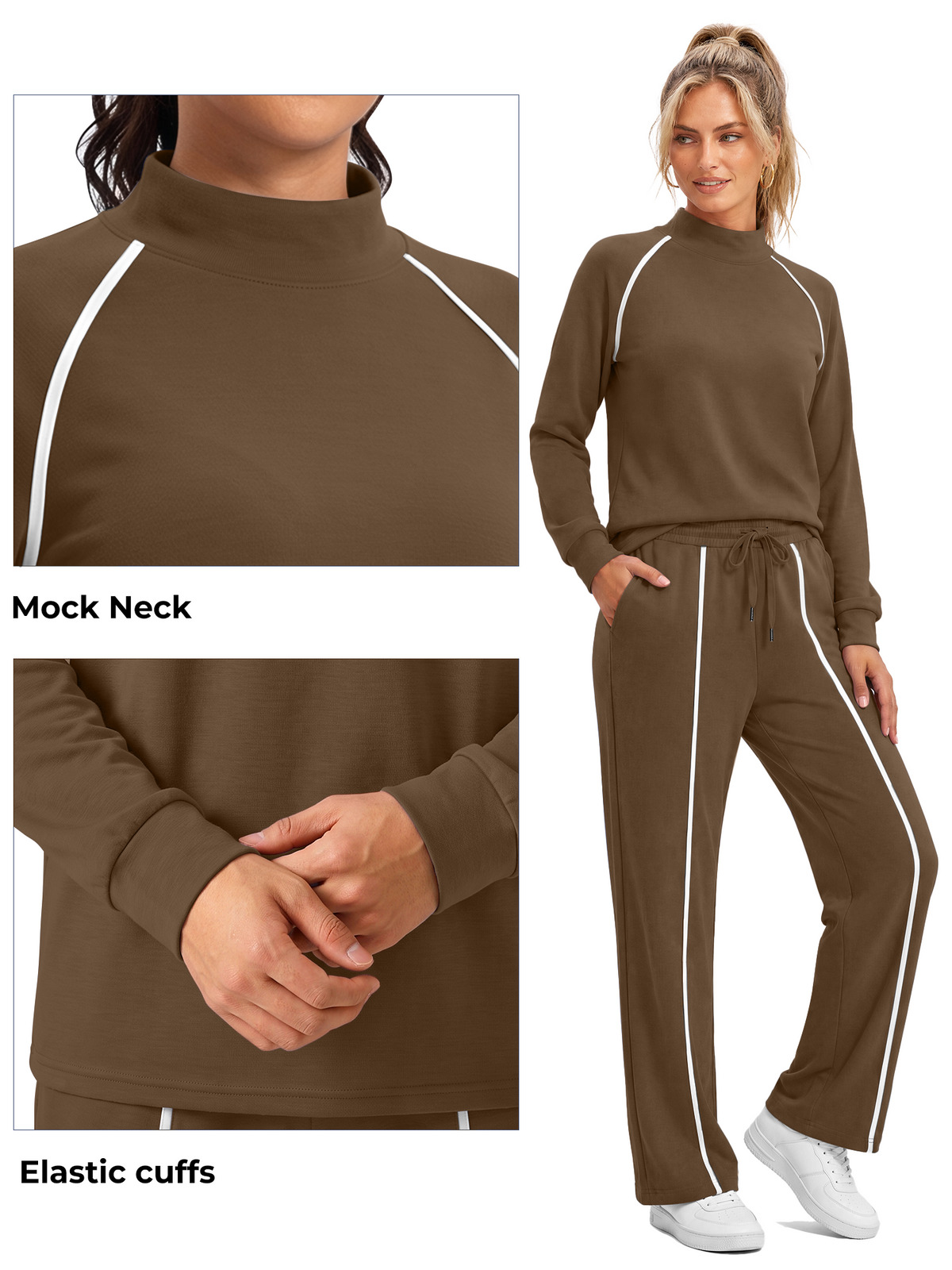 Rosvigor Womens 2 Piece Sweatsuit Set Mock Neck Sweatshirt & Straight Leg Sweatpants Lounge Tracksuit with Pockets for Travel Workout