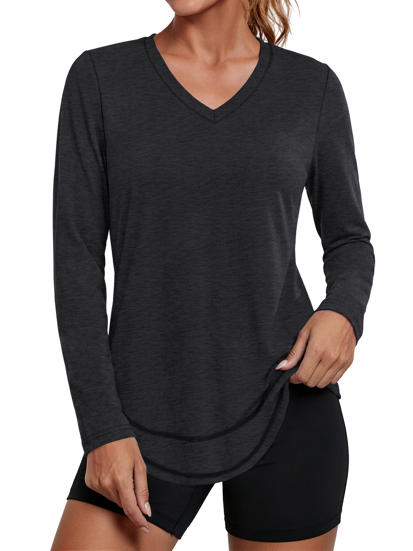 Rosvigor Womens V Neck Workout Tops Long Sleeve Athletic Shirts Loose Lightweight Womens Activewear for Running Yoga Gym