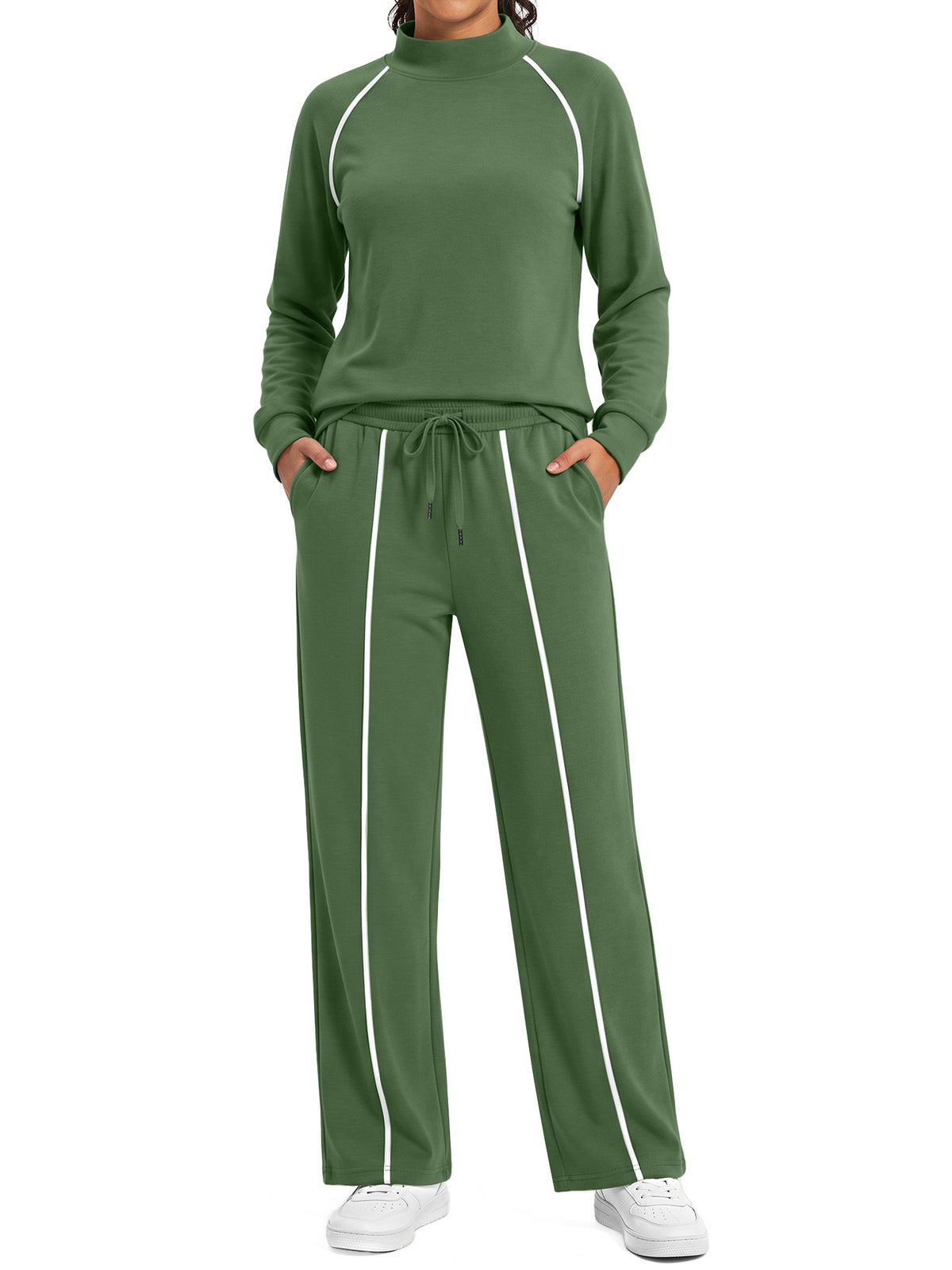 Rosvigor Womens 2 Piece Sweatsuit Set Mock Neck Sweatshirt & Straight Leg Sweatpants Lounge Tracksuit with Pockets for Travel Workout
