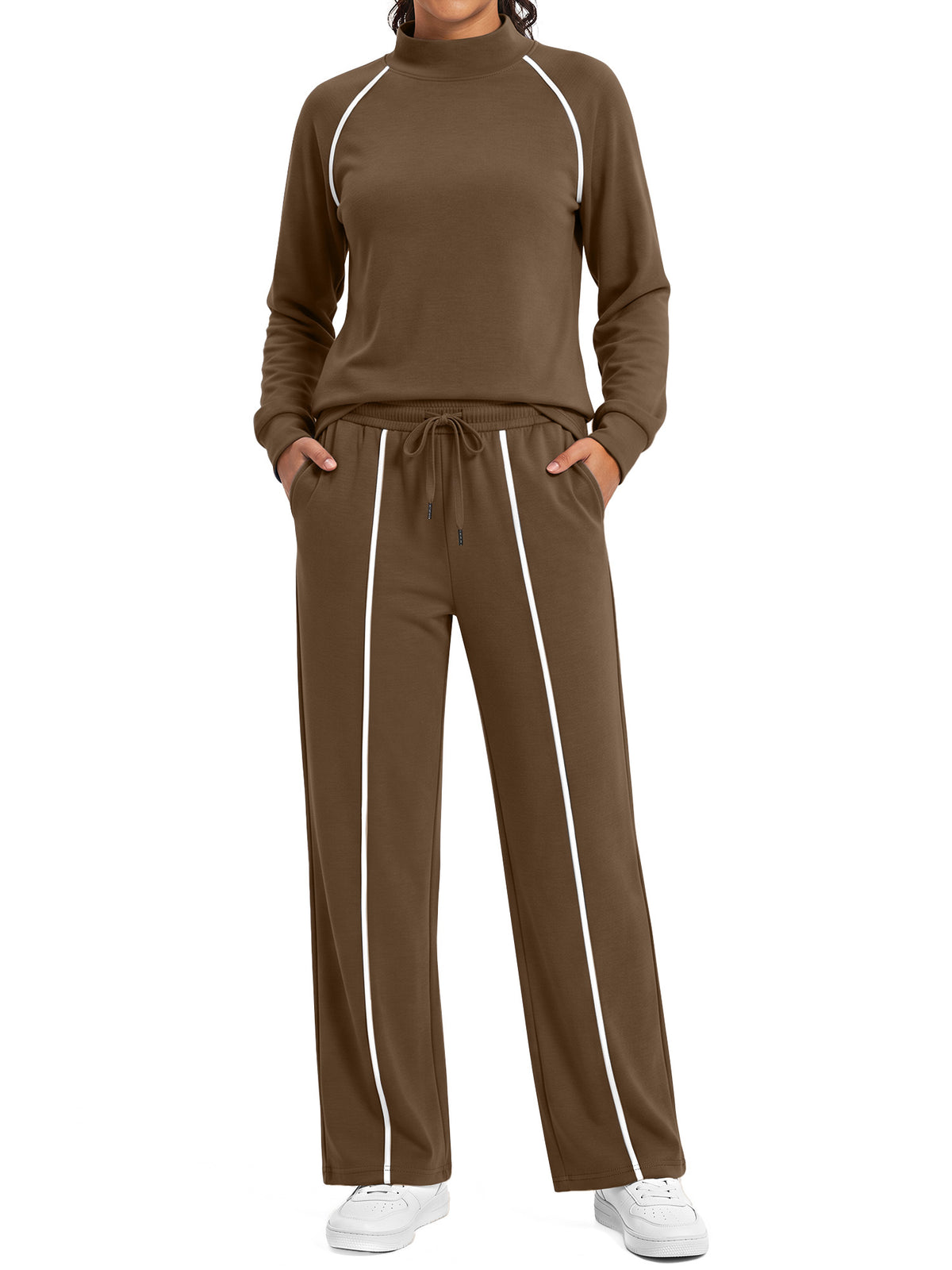 Rosvigor Womens 2 Piece Sweatsuit Set Mock Neck Sweatshirt & Straight Leg Sweatpants Lounge Tracksuit with Pockets for Travel Workout