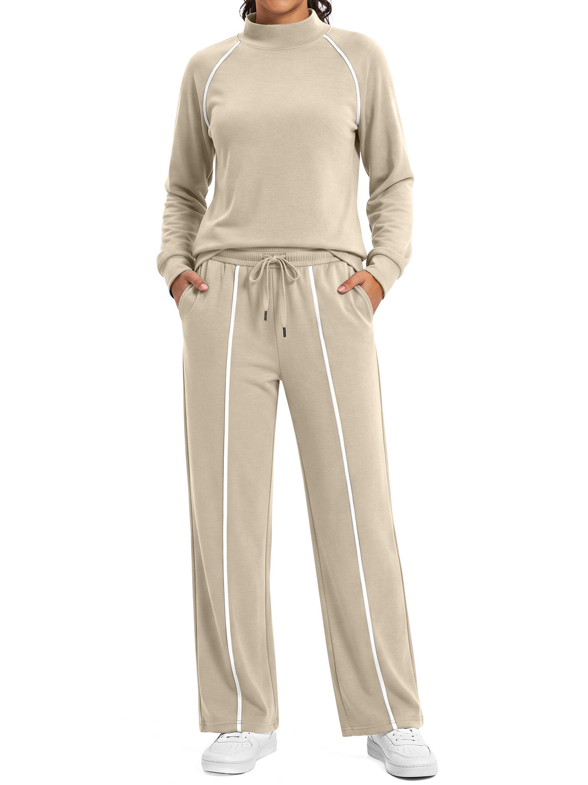 Rosvigor Womens 2 Piece Sweatsuit Set Mock Neck Sweatshirt & Straight Leg Sweatpants Lounge Tracksuit with Pockets for Travel Workout