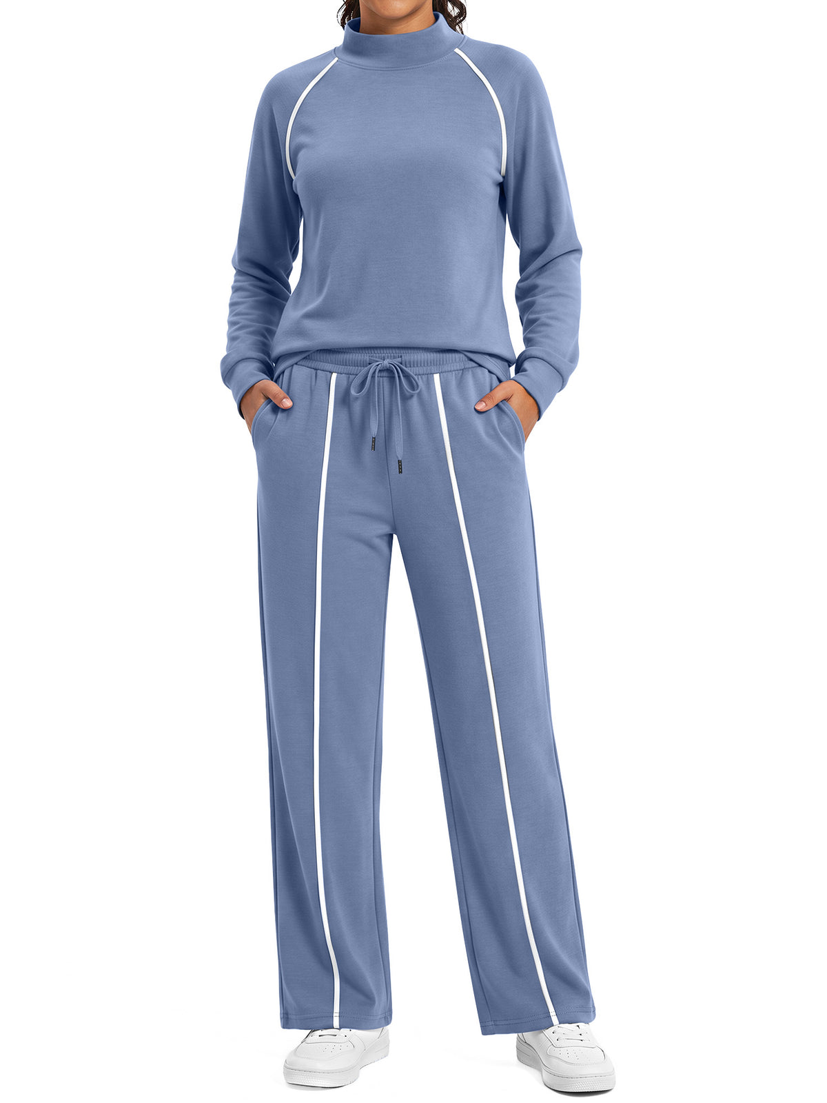 Rosvigor Womens 2 Piece Sweatsuit Set Mock Neck Sweatshirt & Straight Leg Sweatpants Lounge Tracksuit with Pockets for Travel Workout