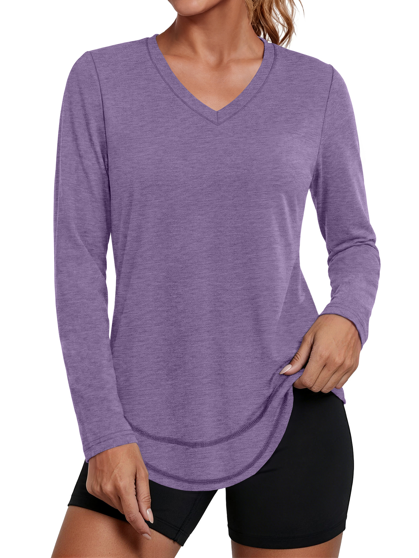 Rosvigor Womens V Neck Workout Tops Long Sleeve Athletic Shirts Loose Lightweight Womens Activewear for Running Yoga Gym