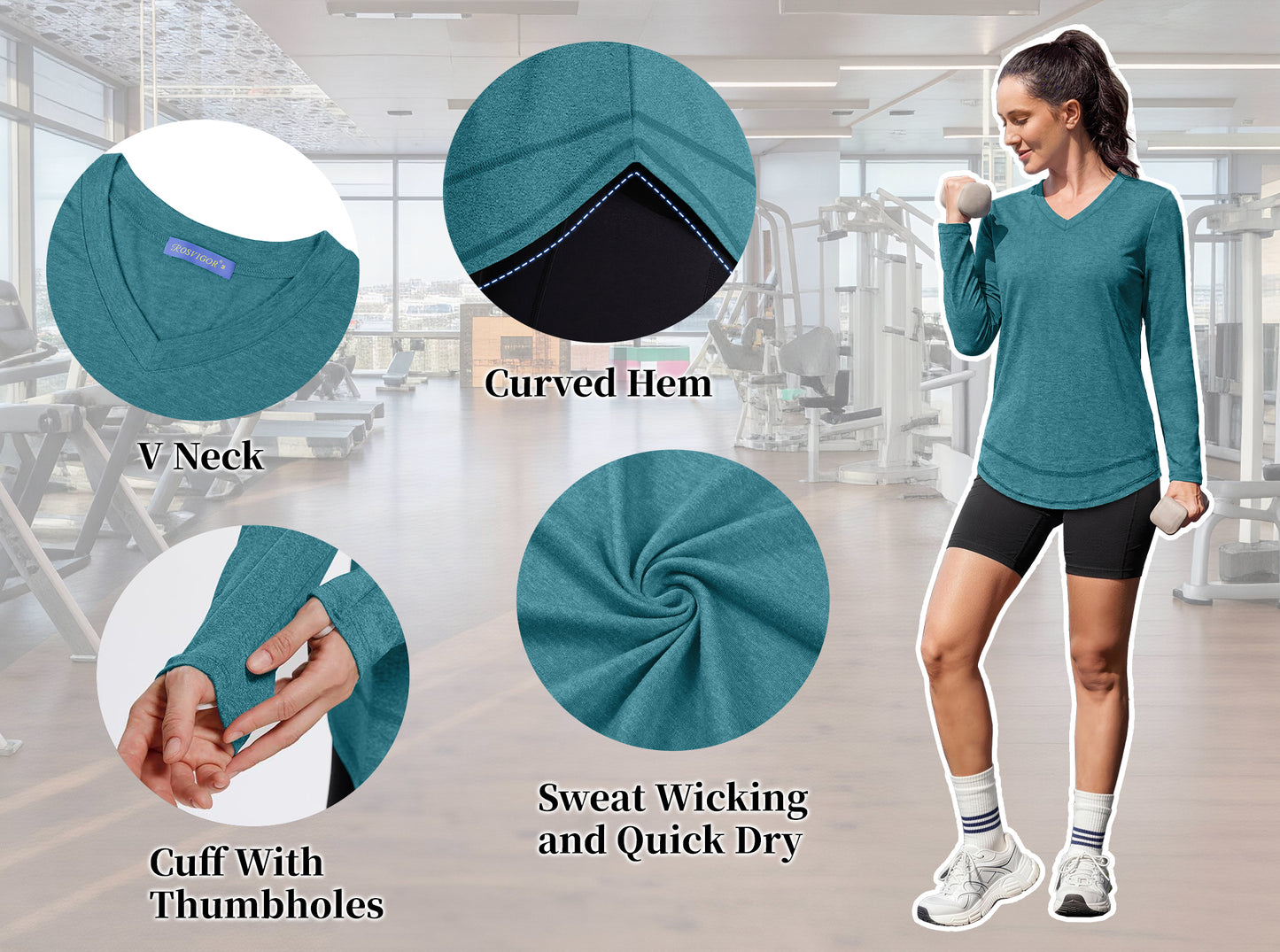 Rosvigor Womens V Neck Workout Tops Long Sleeve Athletic Shirts Loose Lightweight Womens Activewear for Running Yoga Gym