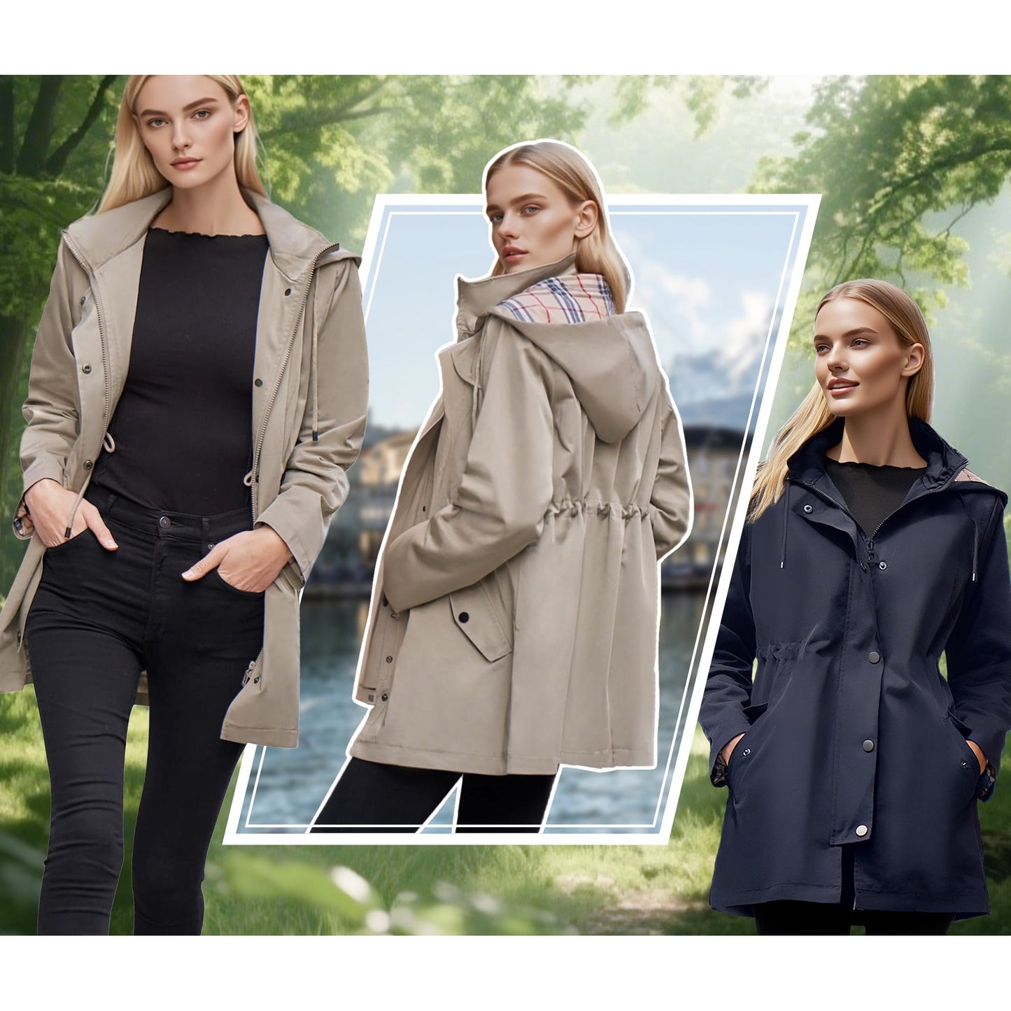 Rosvigor Women Long Hooded Raincoats Outdoor Windbreaker Waterproof lined Jackets Women Warm Trench Coats