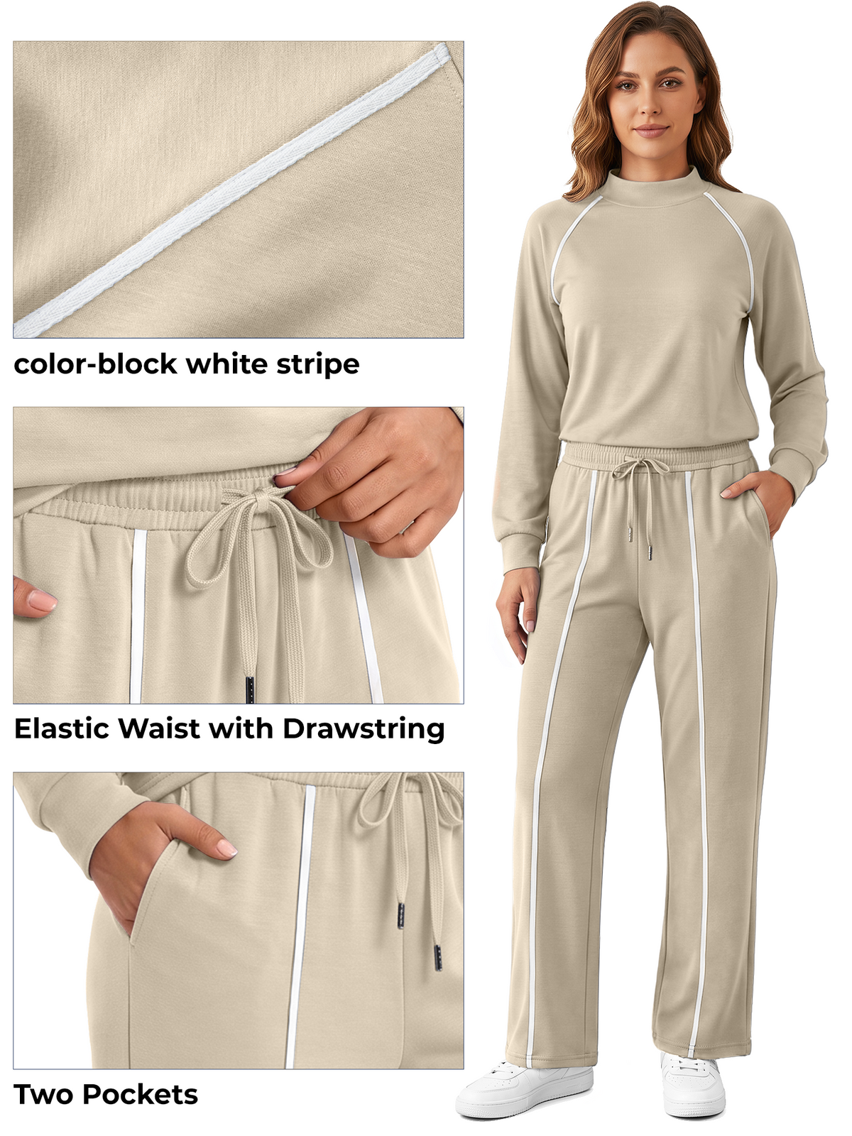 Rosvigor Womens 2 Piece Sweatsuit Set Mock Neck Sweatshirt & Straight Leg Sweatpants Lounge Tracksuit with Pockets for Travel Workout