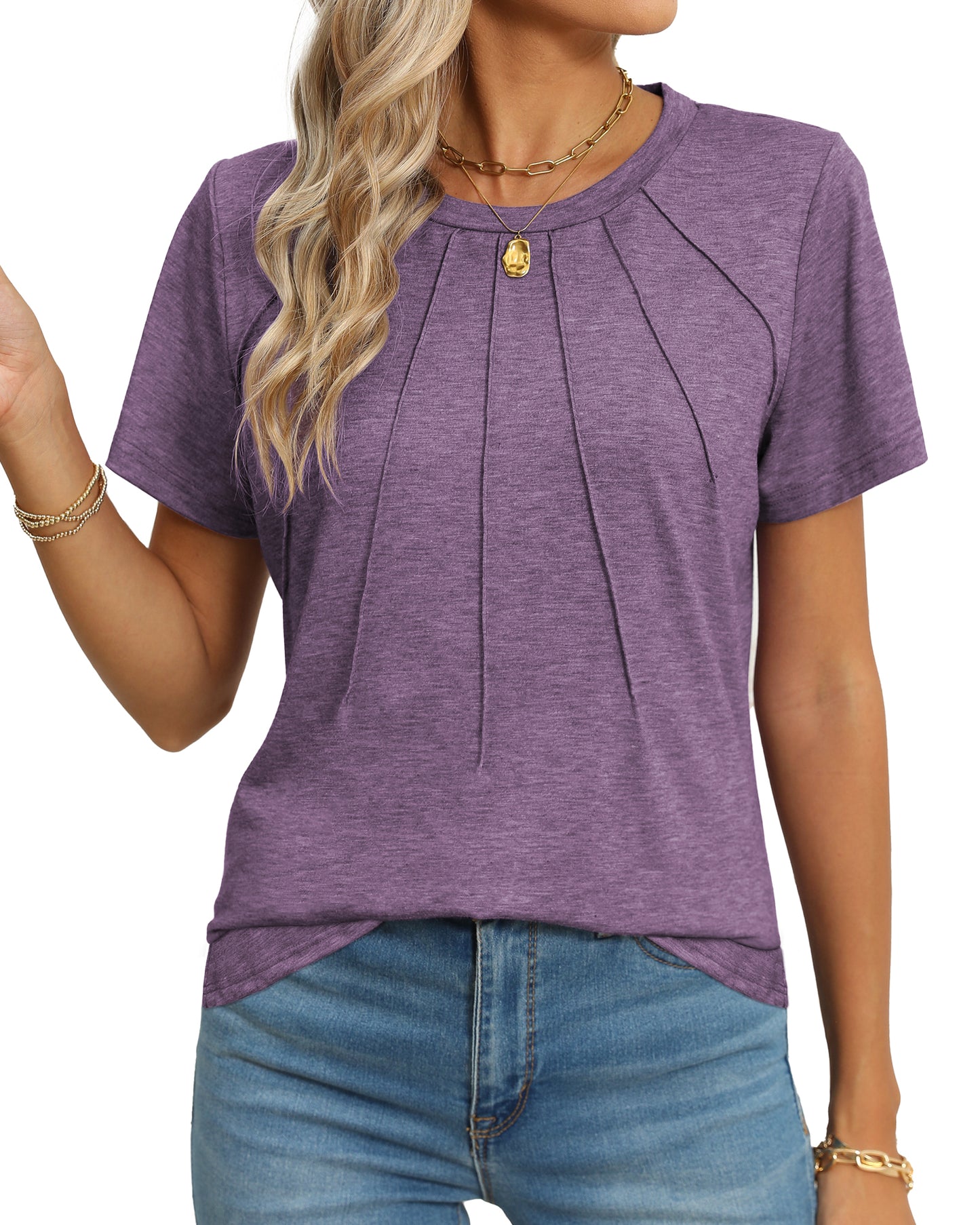 Rosvigor Blouses for Women Short Sleeve Shirts Casual Dressy Summer Tops with Pleats