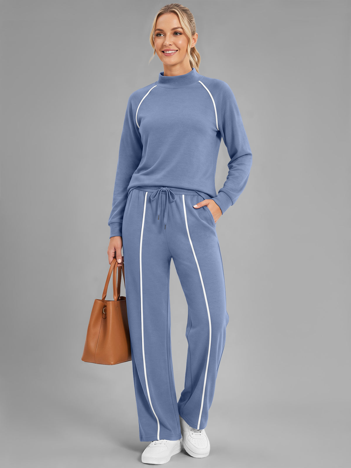 Rosvigor Womens 2 Piece Sweatsuit Set Mock Neck Sweatshirt & Straight Leg Sweatpants Lounge Tracksuit with Pockets for Travel Workout