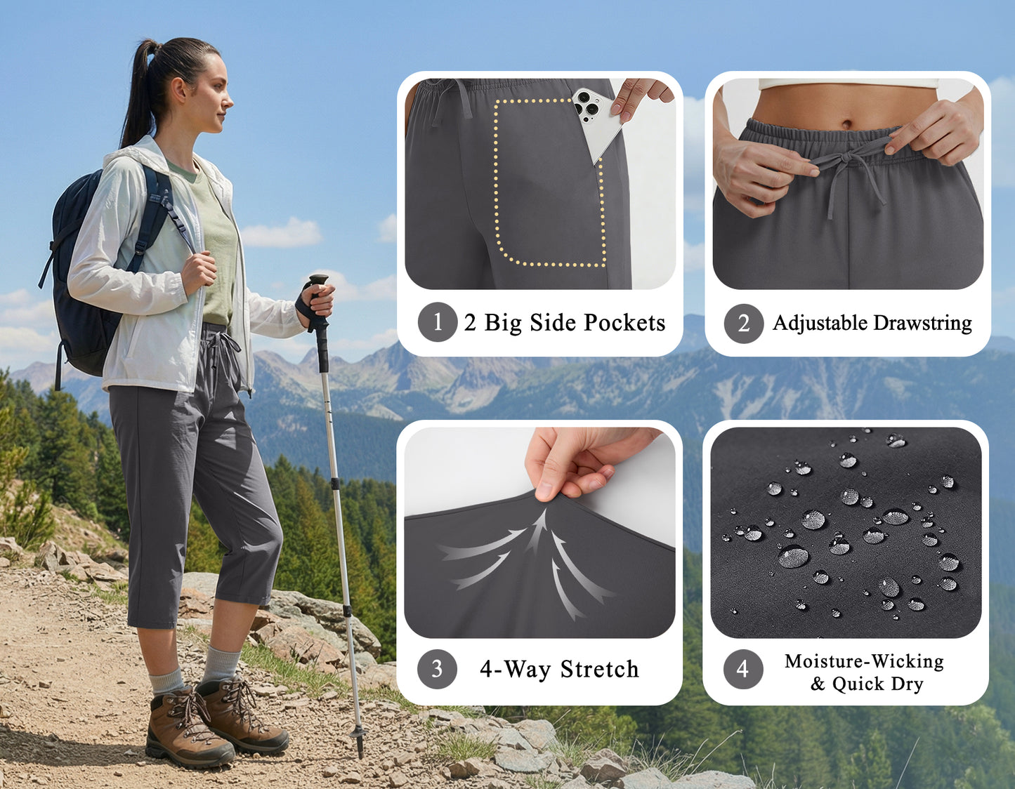 Rosvigor Womens Hiking Capri Pants High Waisted Drawstring Cargo Pants Women Quick Dry Capris Travel Trousers