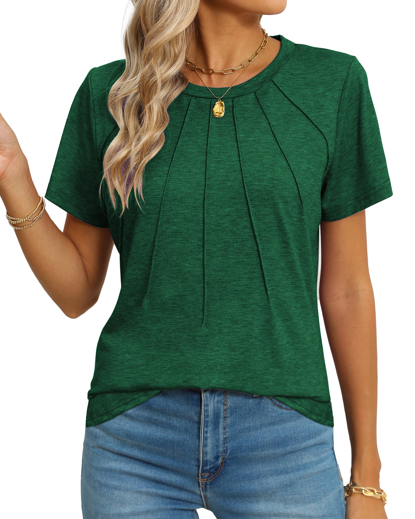 Rosvigor Blouses for Women Short Sleeve Shirts Casual Dressy Summer Tops with Pleats