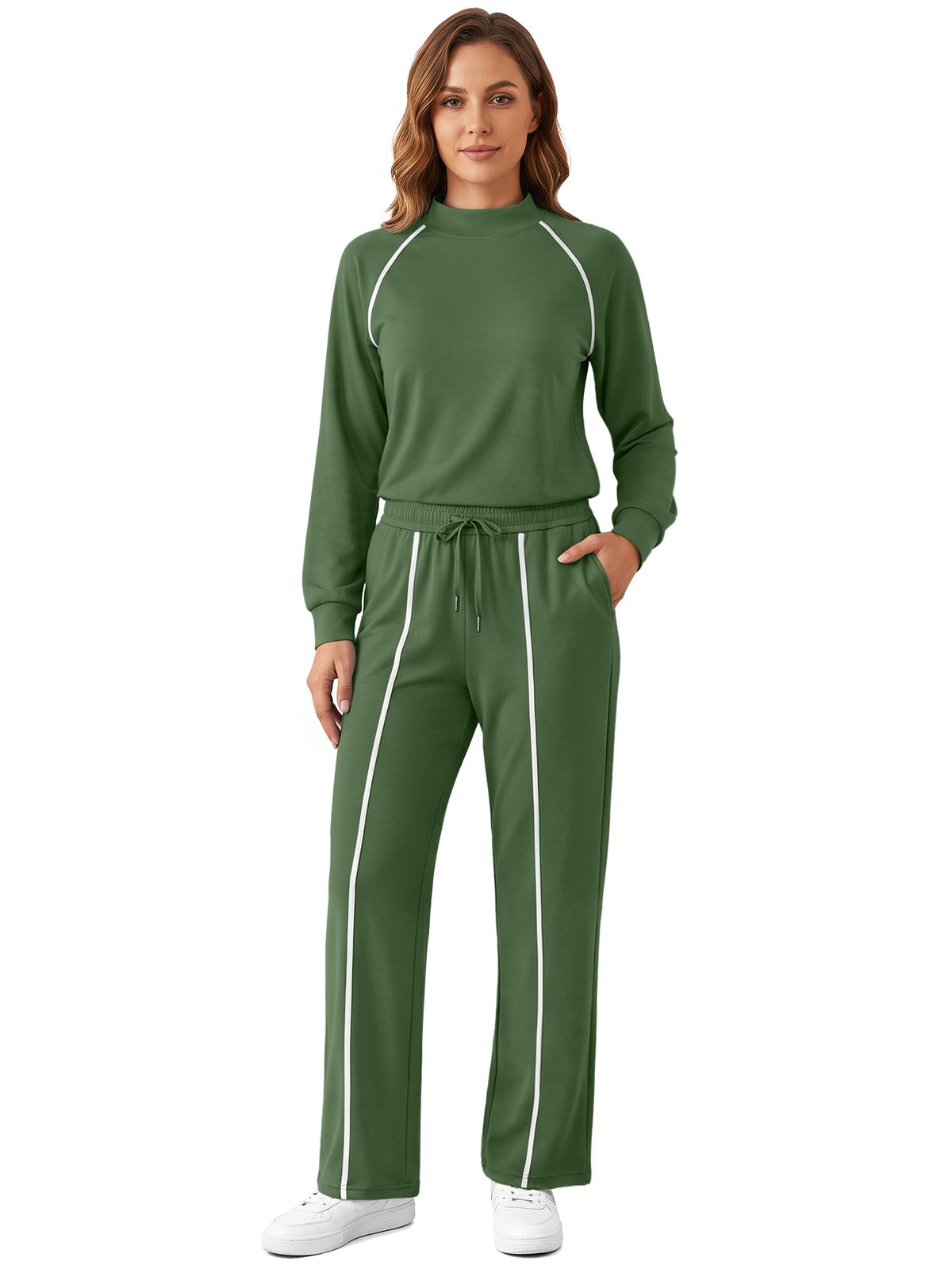 Rosvigor Womens 2 Piece Sweatsuit Set Mock Neck Sweatshirt & Straight Leg Sweatpants Lounge Tracksuit with Pockets for Travel Workout