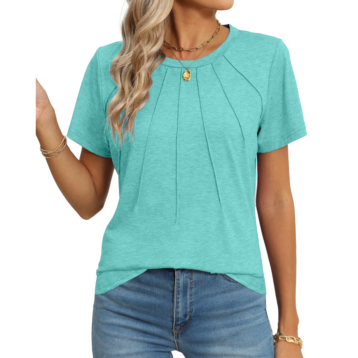Rosvigor Blouses for Women Short Sleeve Shirts Casual Dressy Summer Tops with Pleats