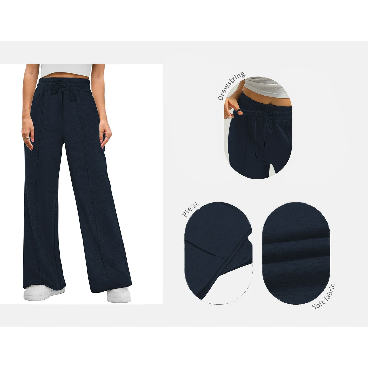 Rosvigor Women High Waisted Pants Elastic Waist Sweatpants Casual Wide Leg Joggers with Pleats