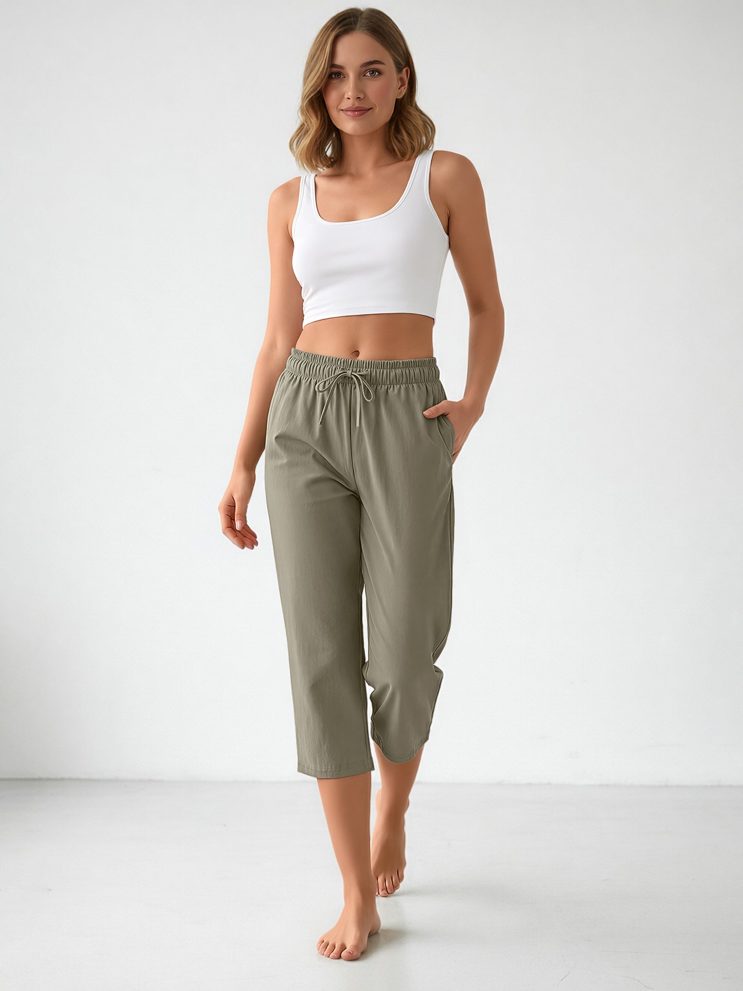 Rosvigor Womens Hiking Capri Pants High Waisted Drawstring Cargo Pants Women Quick Dry Capris Travel Trousers