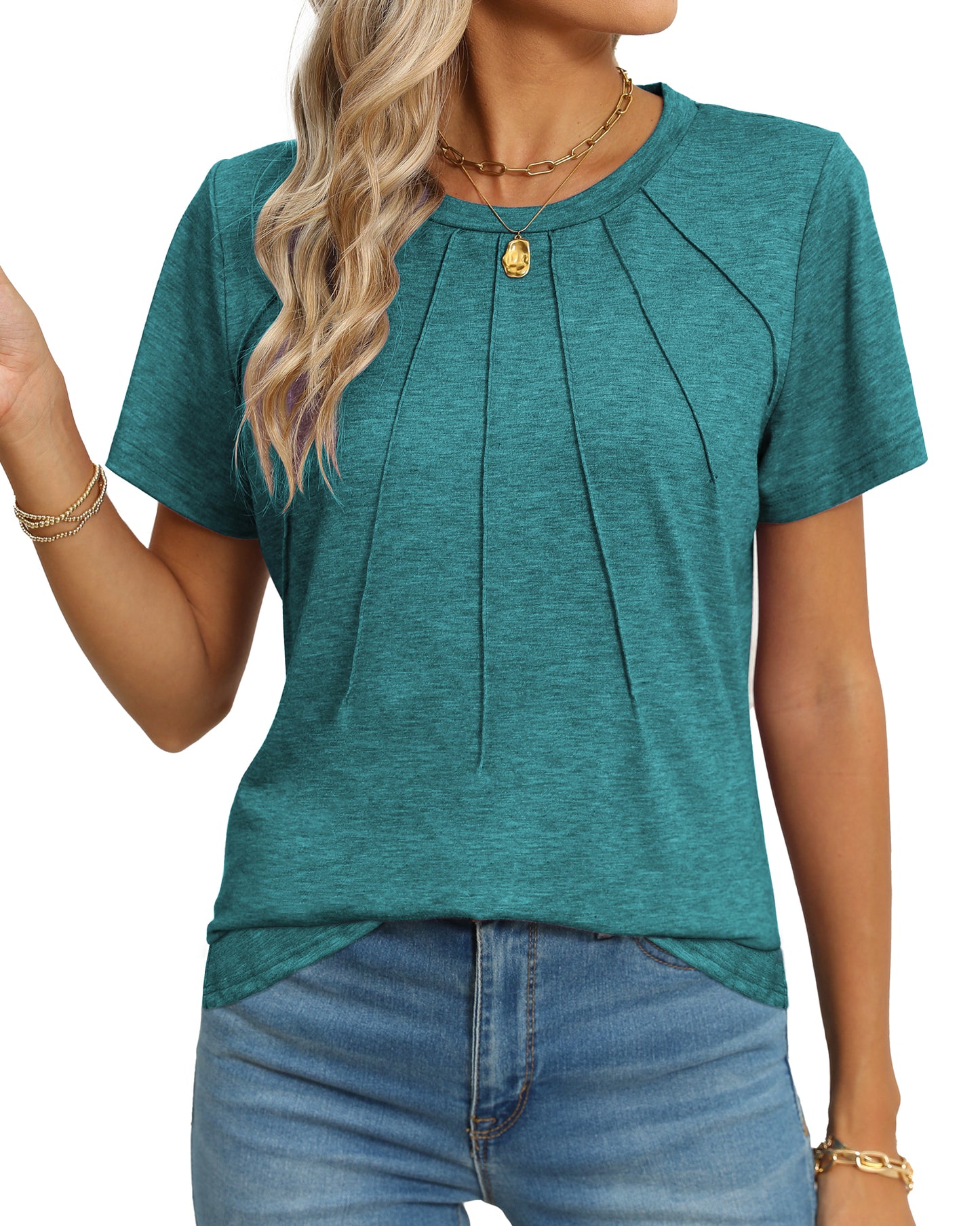 Rosvigor Blouses for Women Short Sleeve Shirts Casual Dressy Summer Tops with Pleats