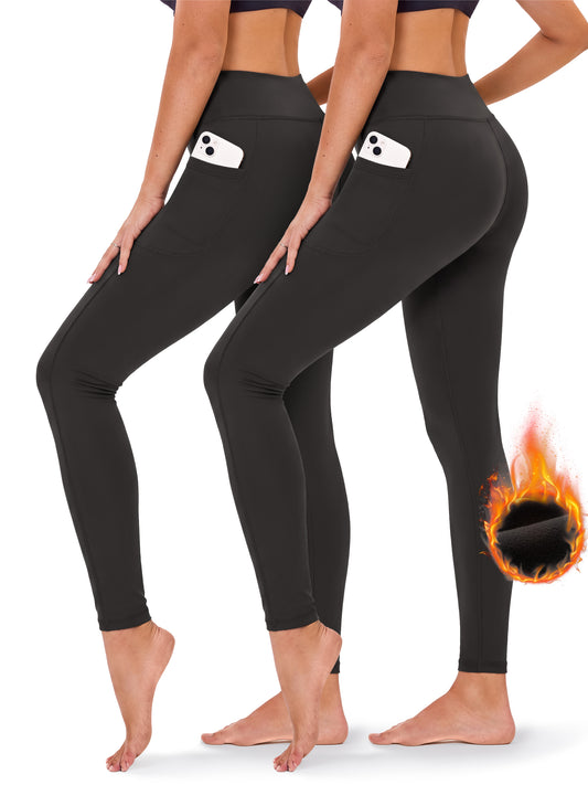 Rosvigor 2 Pack Fleece Lined Yoga Leggings for Women High Waisted Tummy Control Thermal Workout Leggings Winter Warm Pants with Pockets
