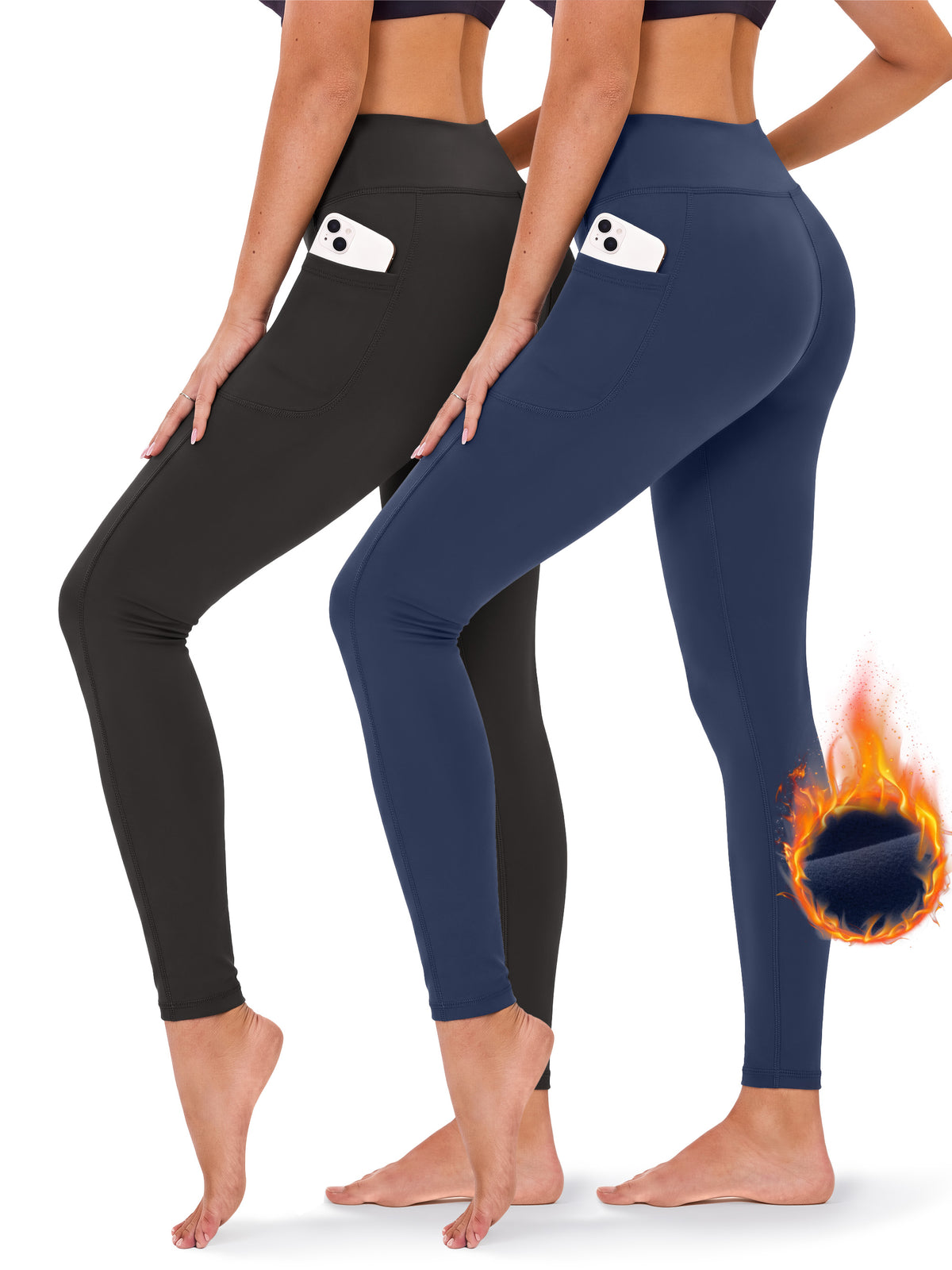 Rosvigor 2 Pack Fleece Lined Yoga Leggings for Women High Waisted Tummy Control Thermal Workout Leggings Winter Warm Pants with Pockets