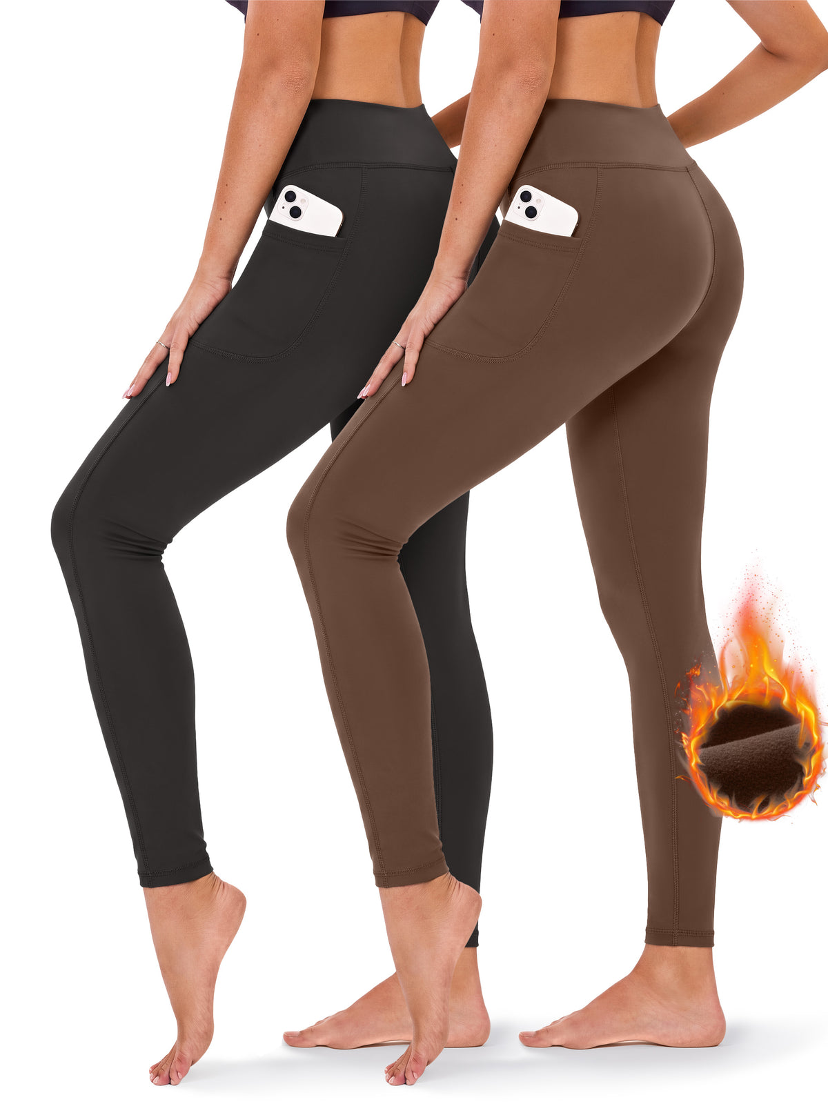 Rosvigor 2 Pack Fleece Lined Yoga Leggings for Women High Waisted Tummy Control Thermal Workout Leggings Winter Warm Pants with Pockets