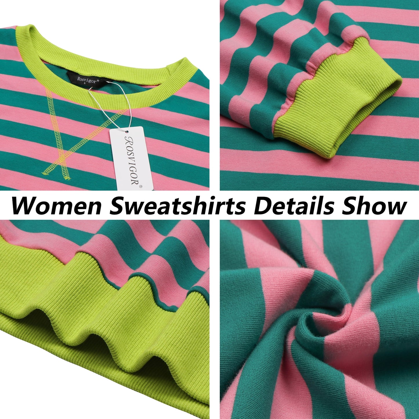 Rosvigor Womens Oversized Sweatshirt Casual Crewneck Long Sleeve Shirts Colorblock Striped Tunic Fall Tops