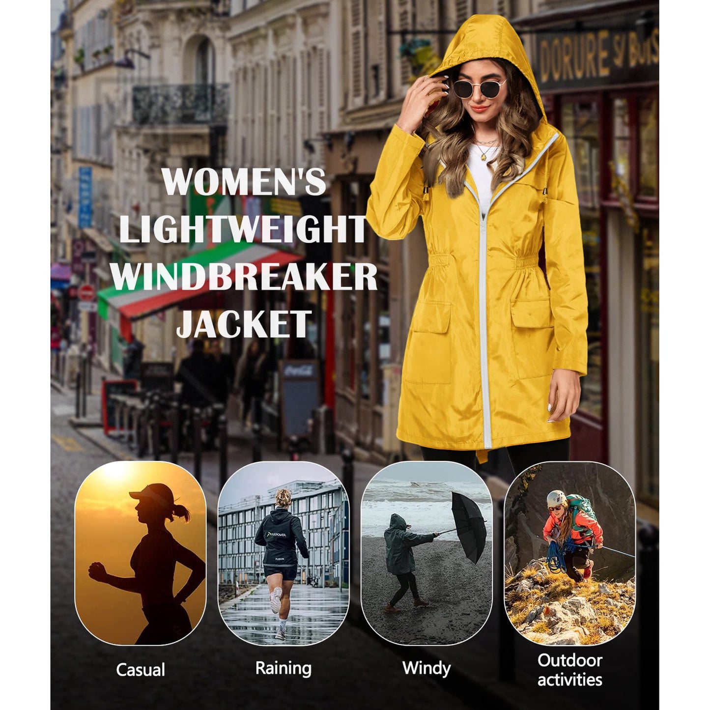 Rosvigor Womens Lightweight Jackets Windbreaker Jackets Woman Long Waterproof Hooded Raincoat with Pockets