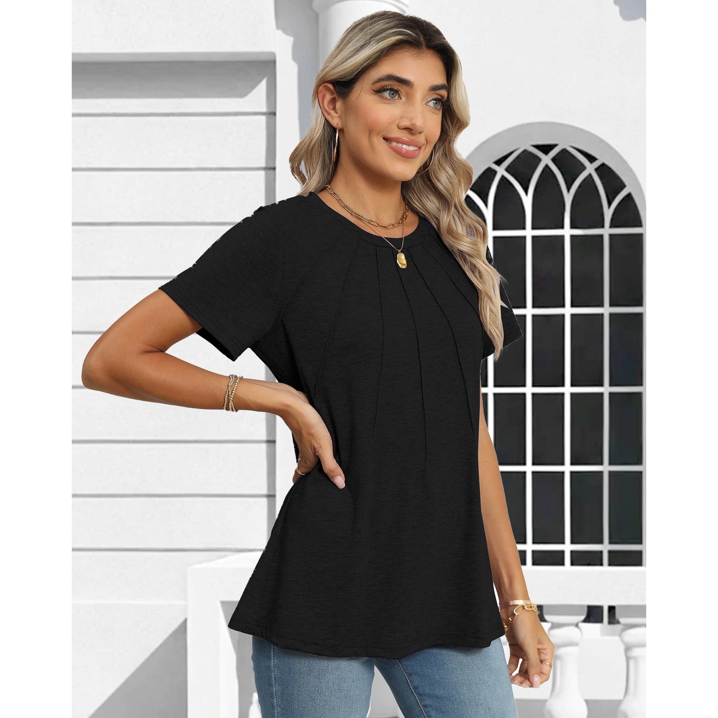 Rosvigor Blouses for Women Short Sleeve Shirts Casual Dressy Summer Tops with Pleats