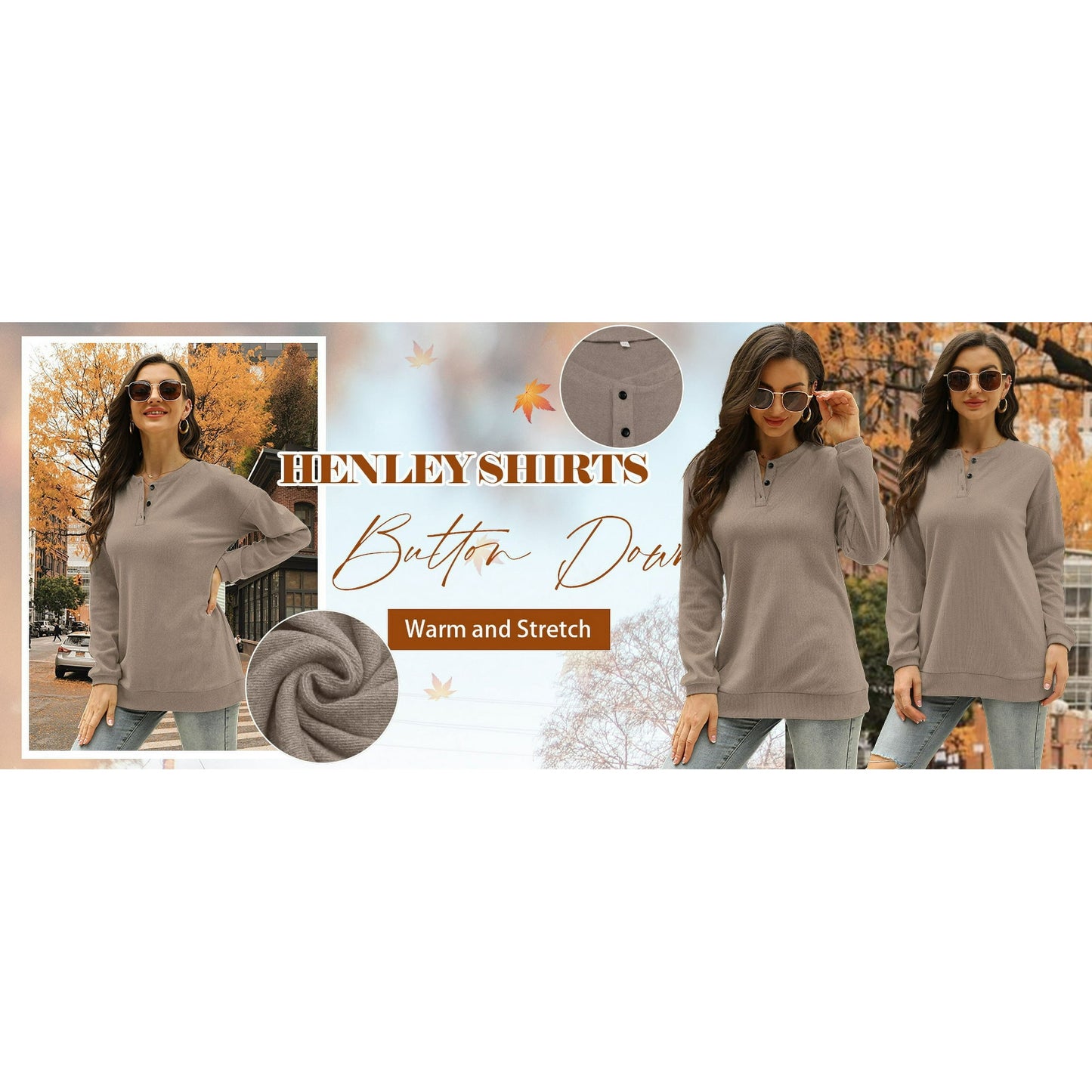 Rosvigor Sweatshirts for Women Henley Shirts Casual Long Sleeve Ribbed Tunic Button Up Tops