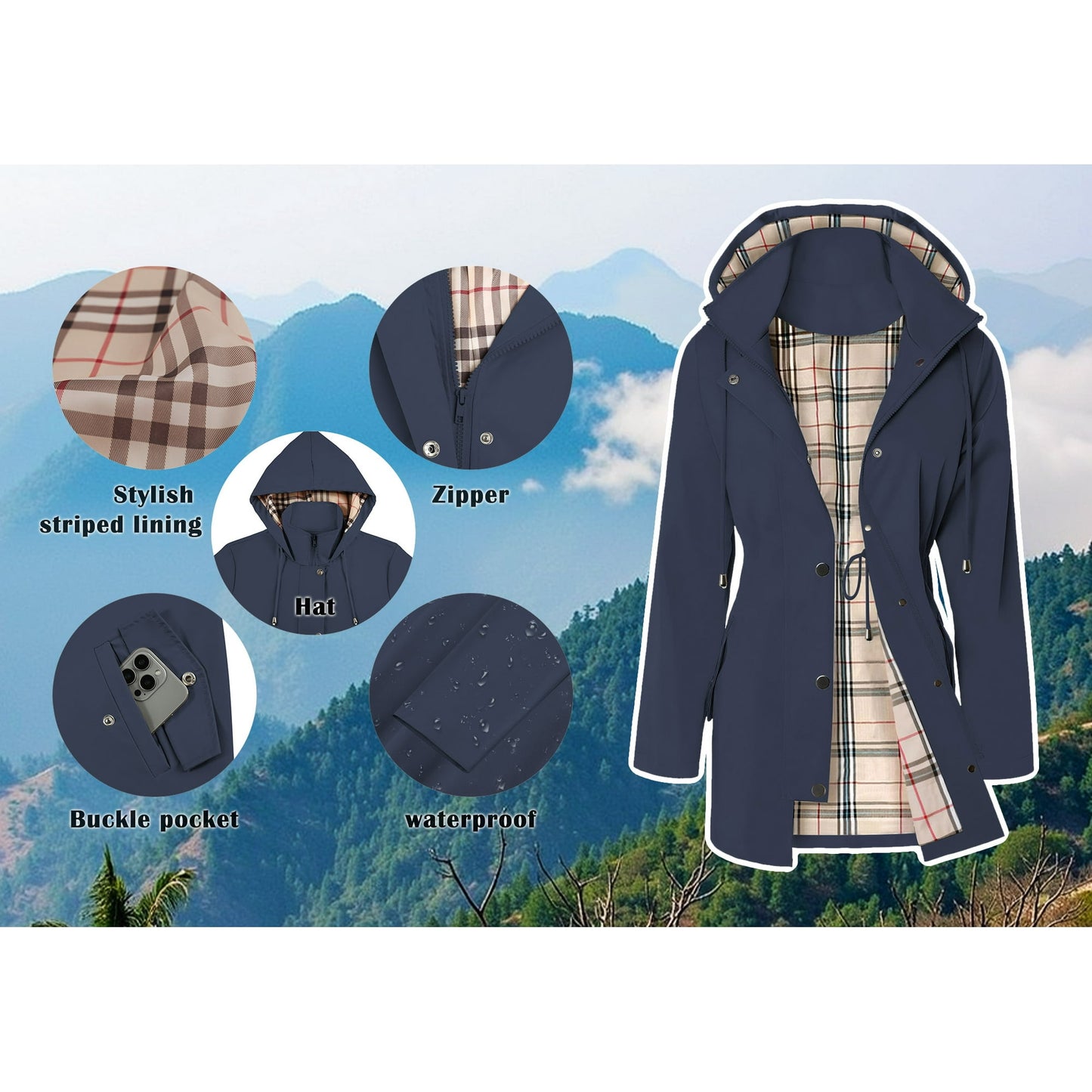 Rosvigor Women Long Hooded Raincoats Outdoor Windbreaker Waterproof lined Jackets Women Warm Trench Coats