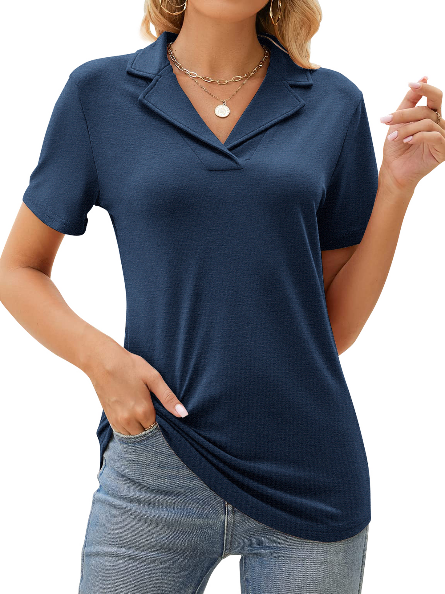 Rosvigor Womens Tops Short Sleeve Polo Shirts for Women V Neck Blouses Summer Tunics Shirts with Collar