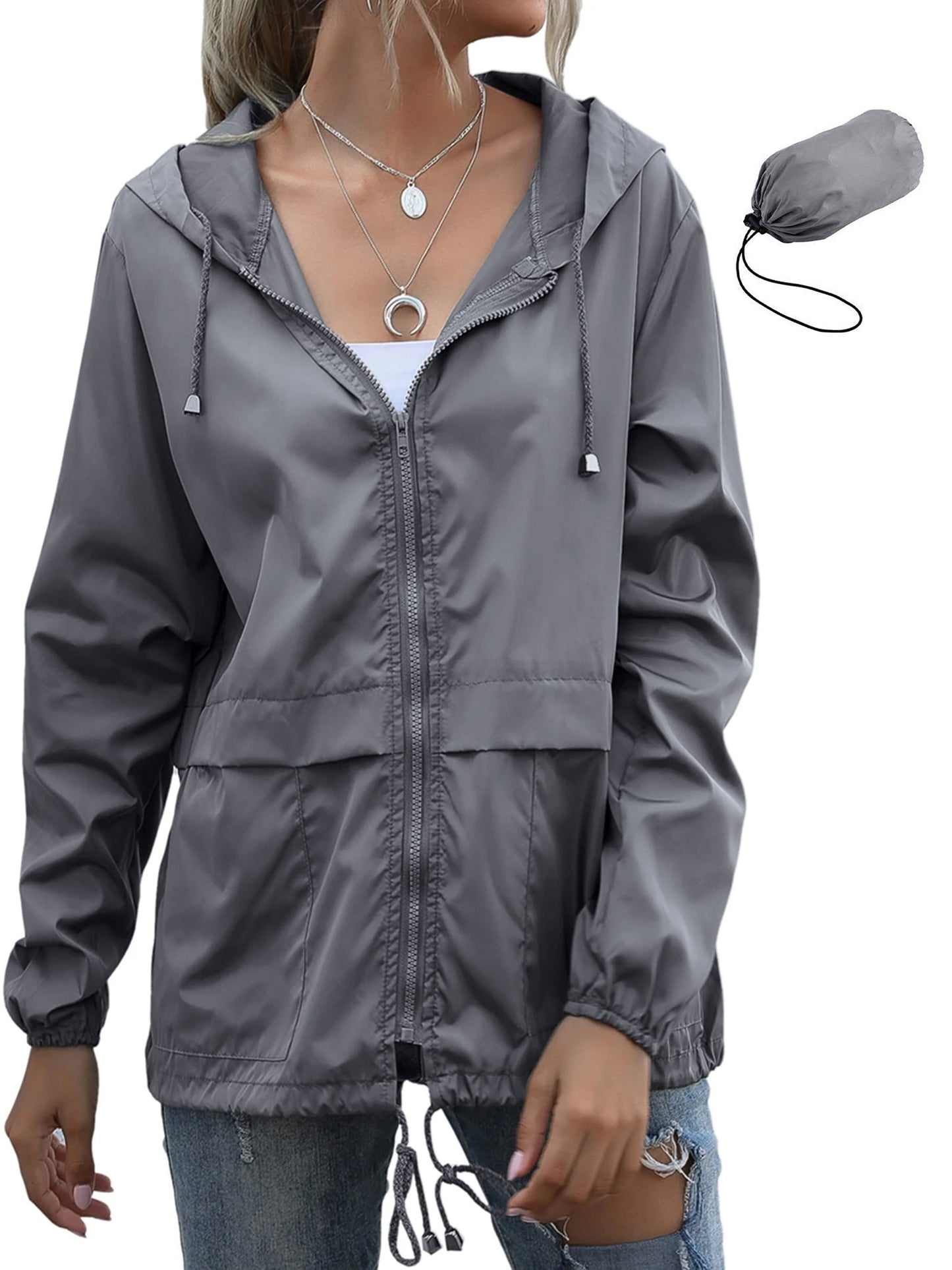 Rosvigor Womens Waterproof Raincoat Lightweight Color Block Jackets Windproof Hooded Jacket with Pockets