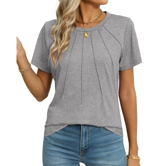 Rosvigor Blouses for Women Short Sleeve Shirts Casual Dressy Summer Tops with Pleats