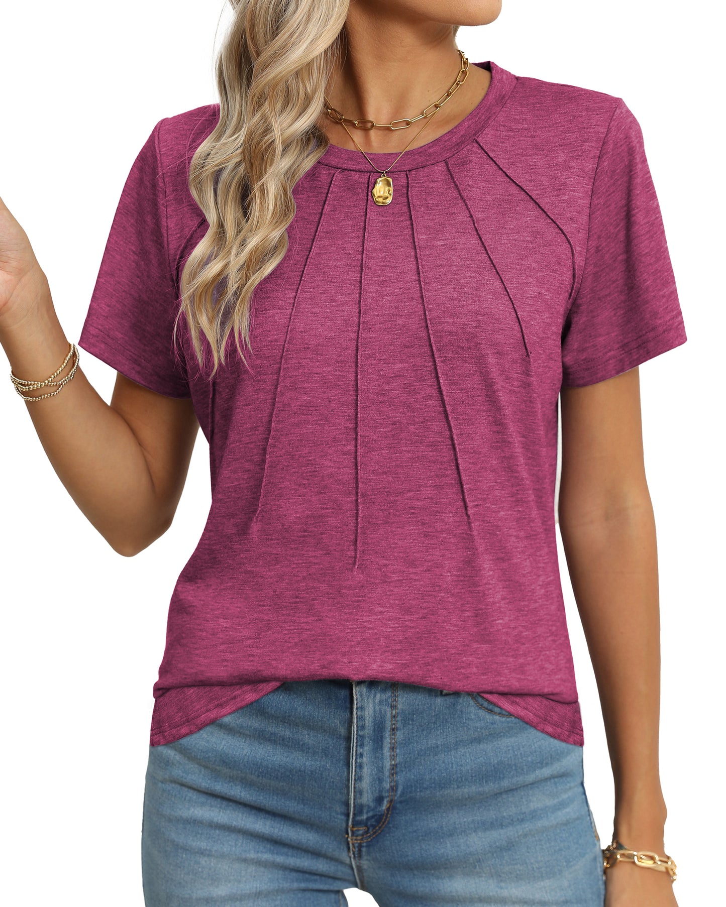 Rosvigor Blouses for Women Short Sleeve Shirts Casual Dressy Summer Tops with Pleats