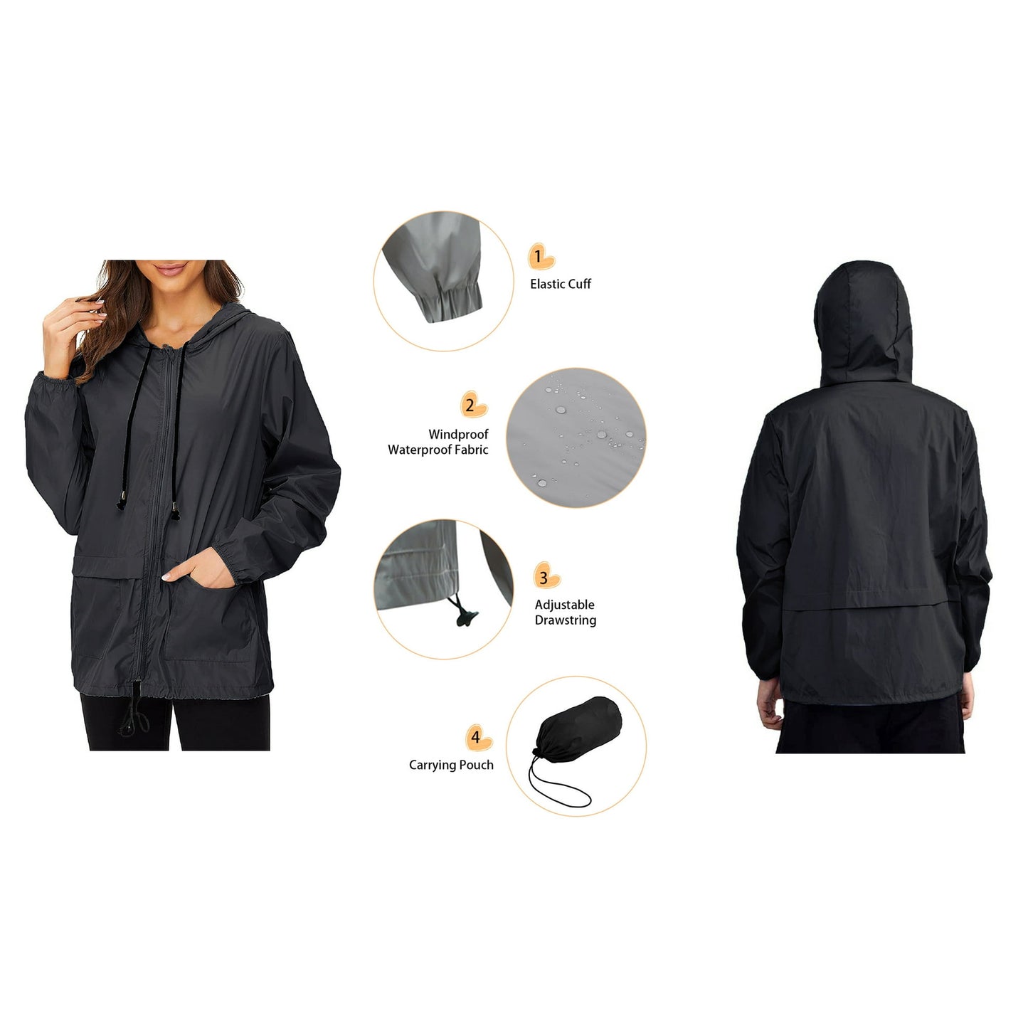 Rosvigor Womens Waterproof Raincoat Lightweight Color Block Jackets Windproof Hooded Jacket with Pockets