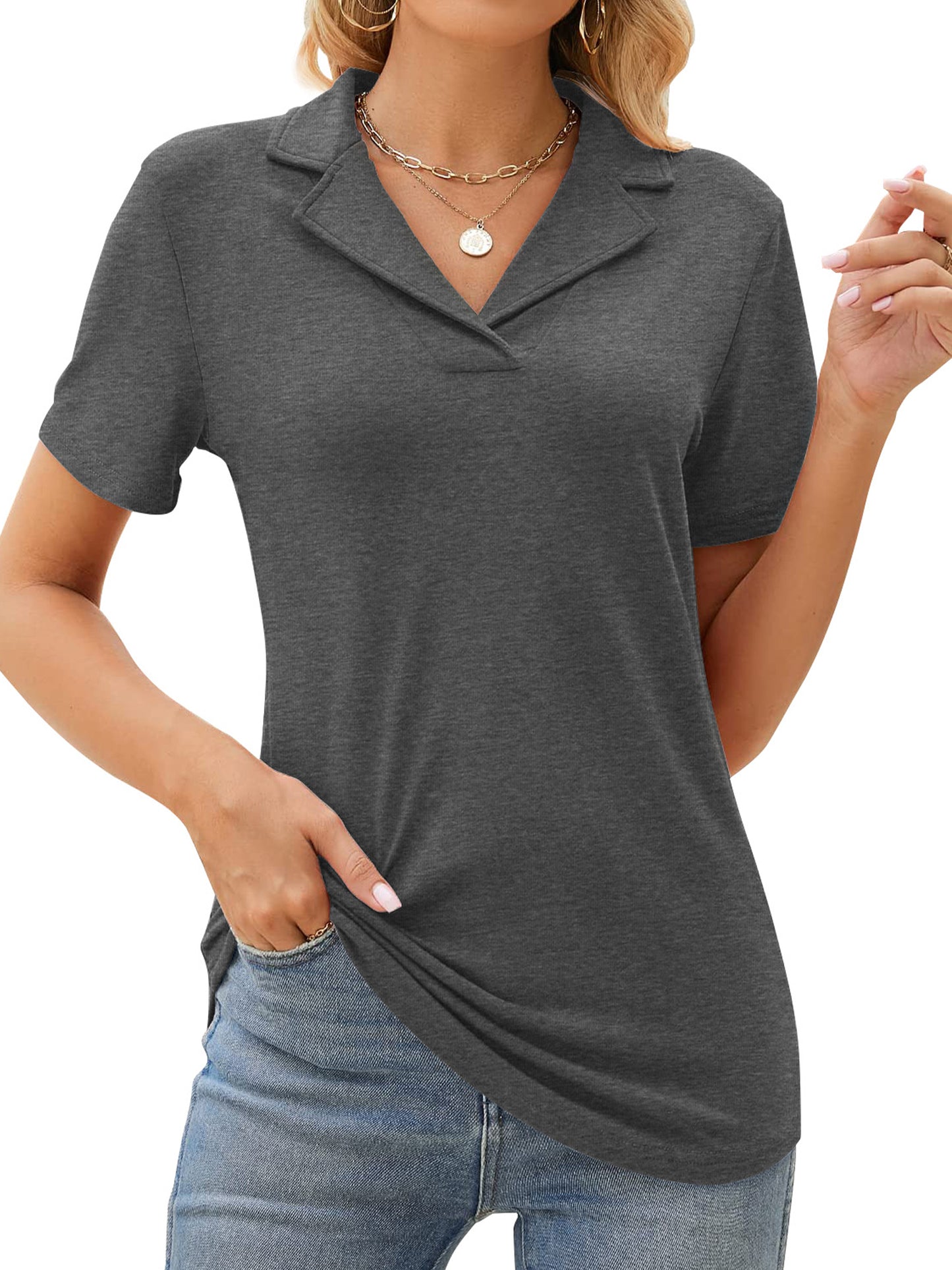 Rosvigor Womens Tops Short Sleeve Polo Shirts for Women V Neck Blouses Summer Tunics Shirts with Collar