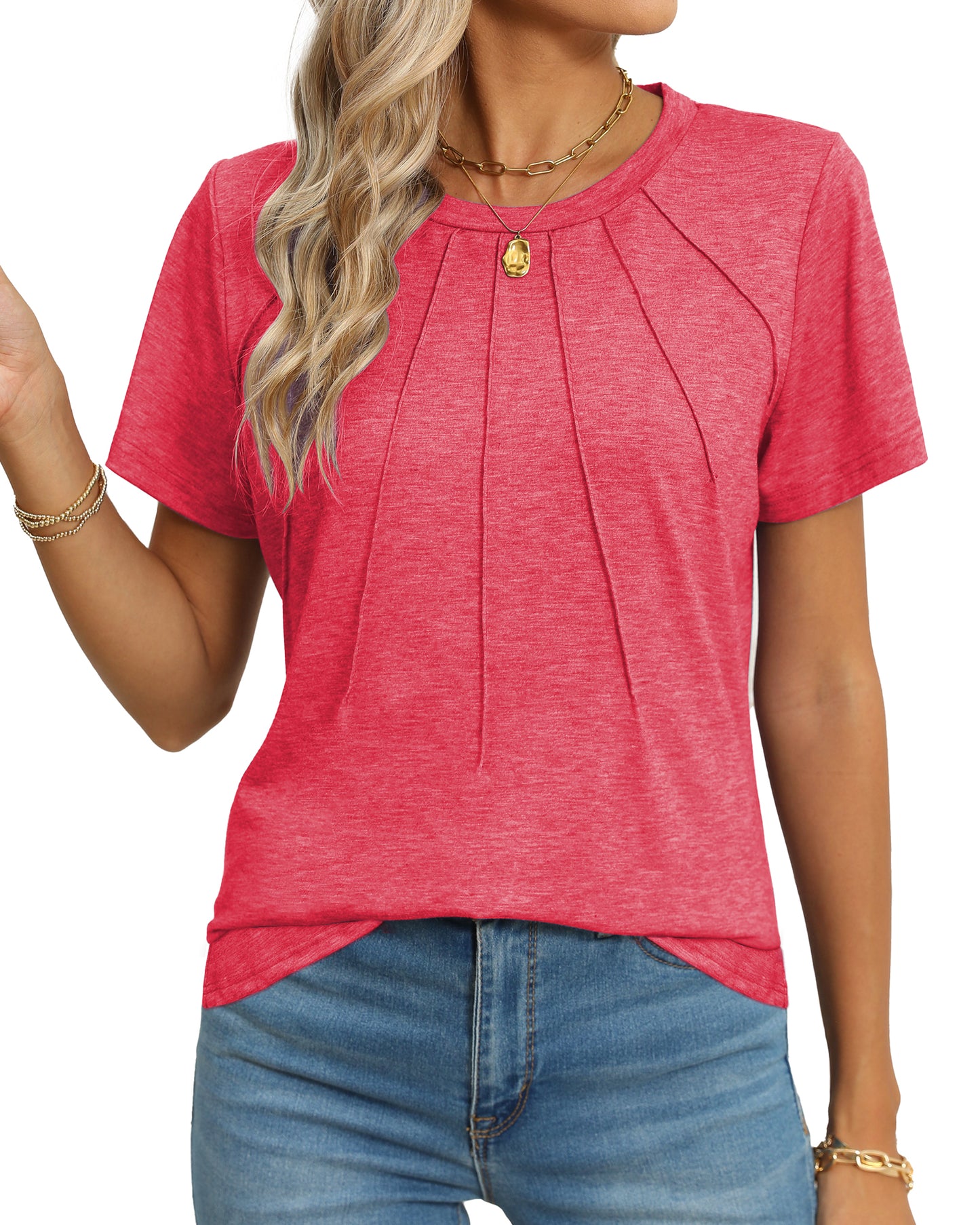 Rosvigor Blouses for Women Short Sleeve Shirts Casual Dressy Summer Tops with Pleats