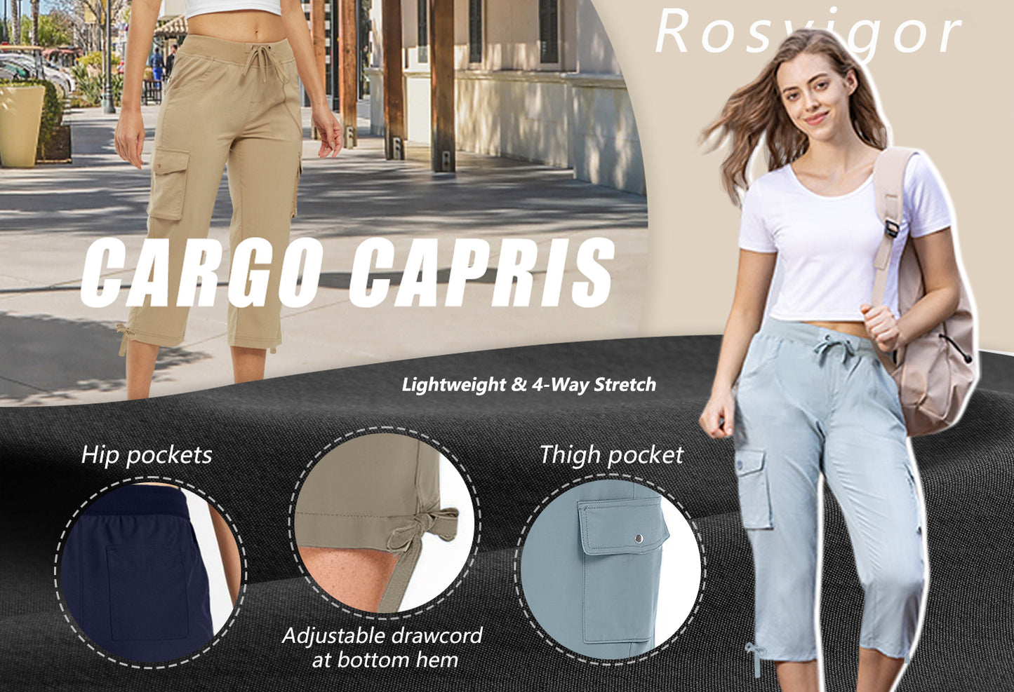 Rosvigor Womens Cargo Capris Lightweight Hiking Pants Outdoor Athletic Quick Dry Travel Pants with Pockets