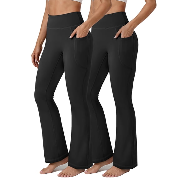 Rosvigor 2 Pack Plus Size Flare Yoga Pants for Women High Waisted Leggings Tummy Control Workout Pants No Front Seam Trousers with Pockets