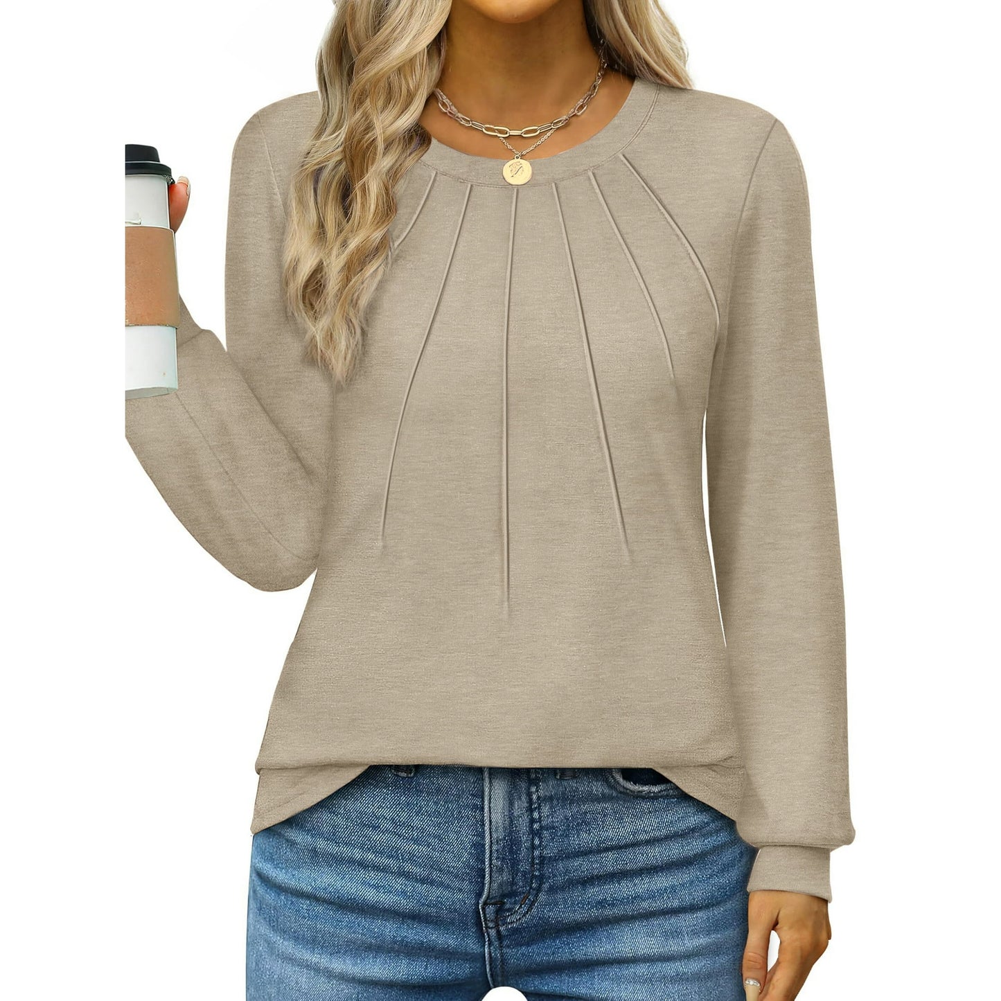 Rosvigor Blouses for Women Dressy Long Sleeve Shirts Casual Fall Tops Winter Tunic with Pleats